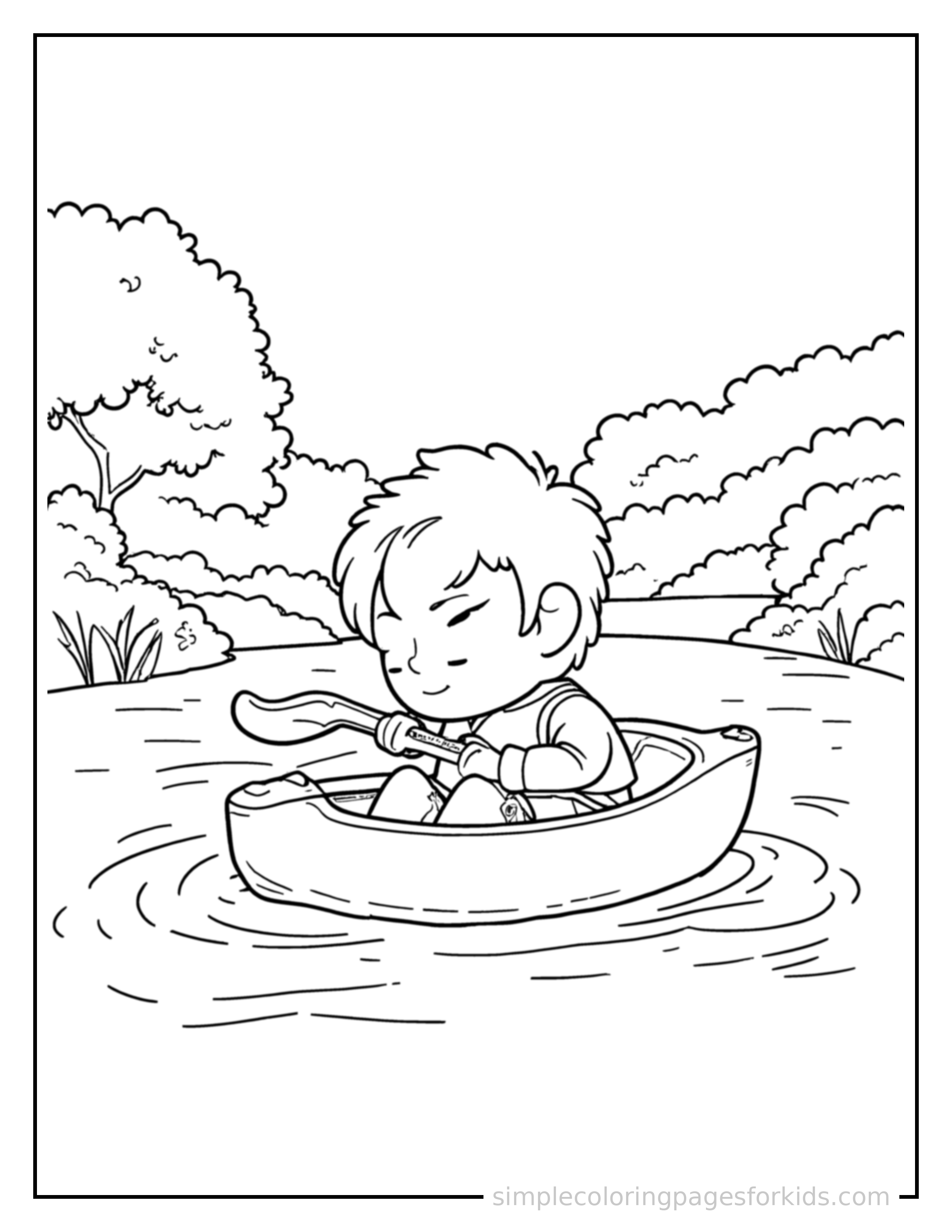 Free printable kid kayaking on a river coloring page featuring a cute kid kayaking on a river curled up fast asleep, peaceful smile, one eye scrunched shut, hands tucked under the chin.