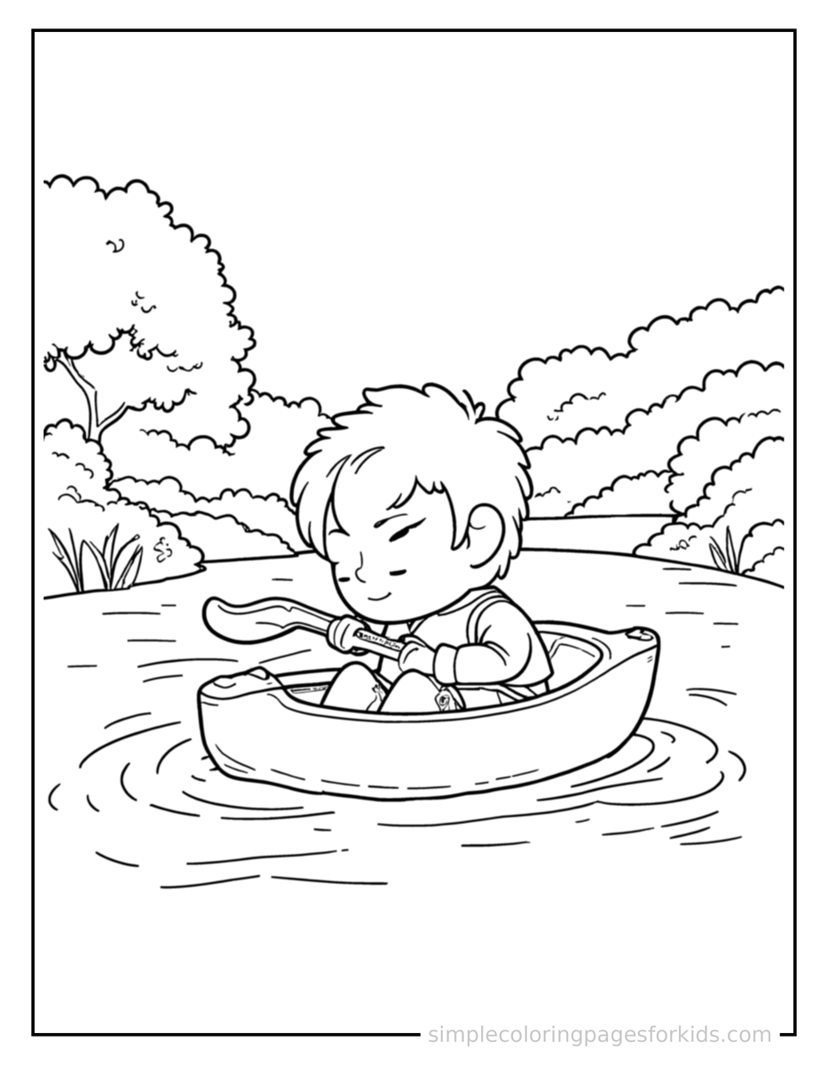 Sleepy Kid Kayaking On A River Coloring Page