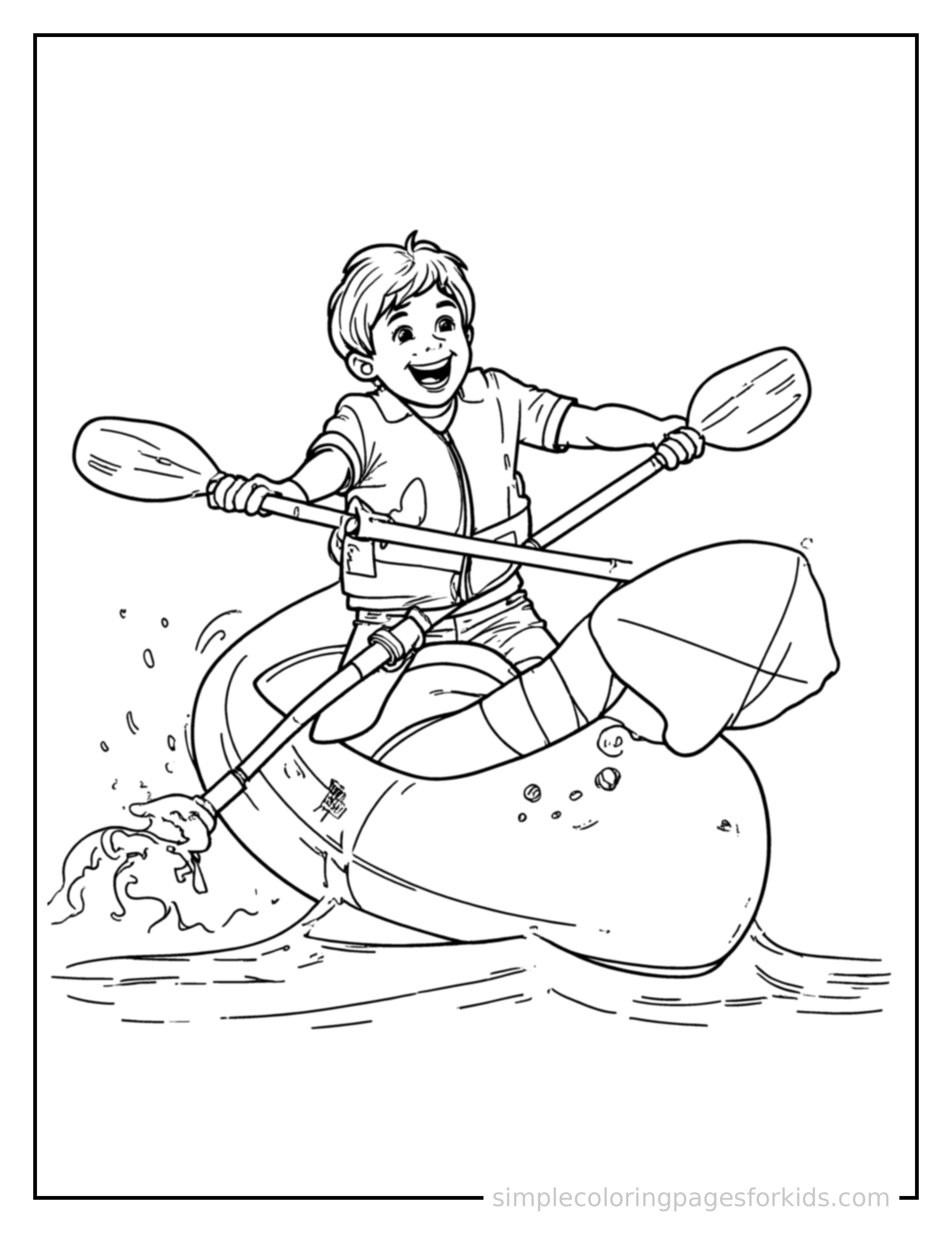 Free printable kid kayaking on a river coloring page featuring a cute kid kayaking on a river mid-jump with arms and legs stretched out playfully, mouth open with excitement.