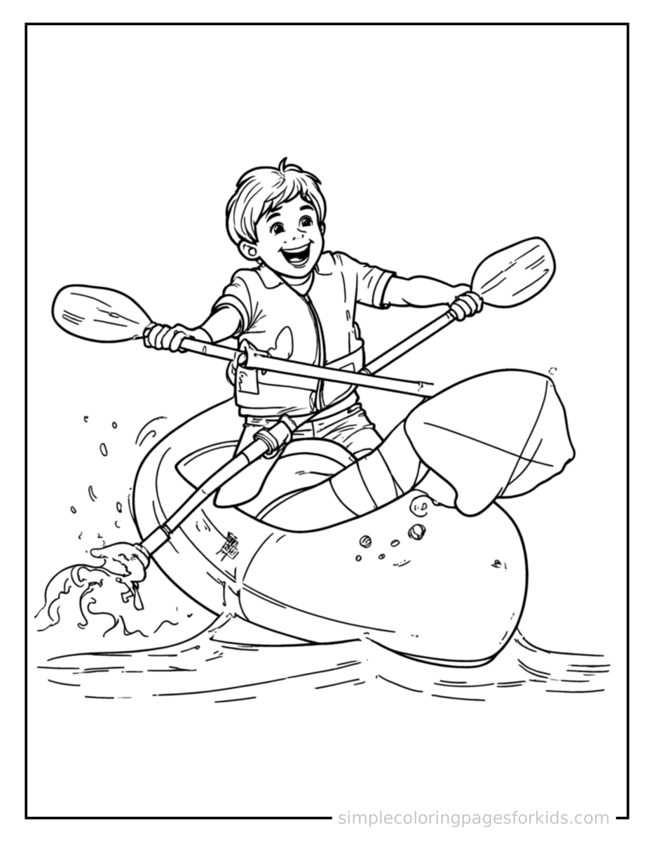 Jumping Kid Kayaking On A River Coloring Page
