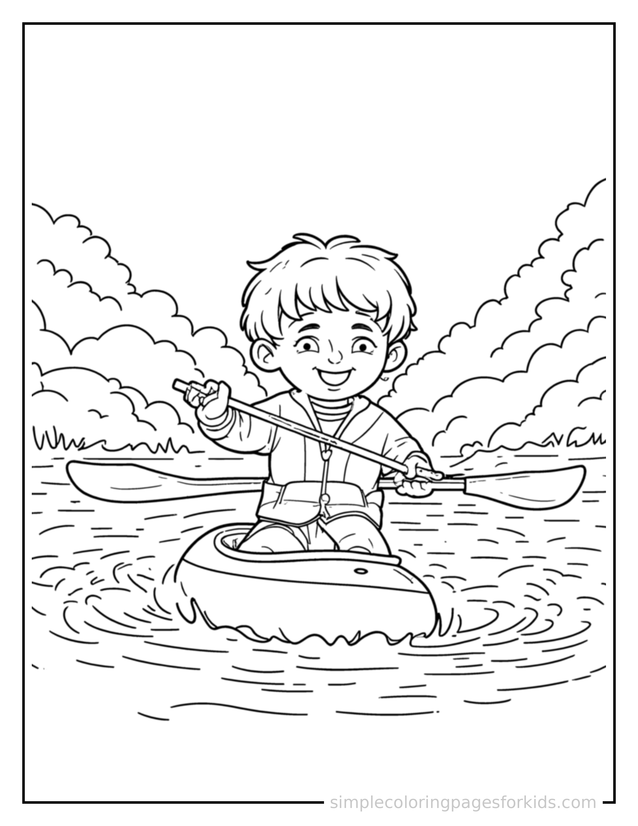 Free printable kid kayaking on a river coloring page featuring a cute kid kayaking on a river running forward at full speed, arms pumping, big happy grin.