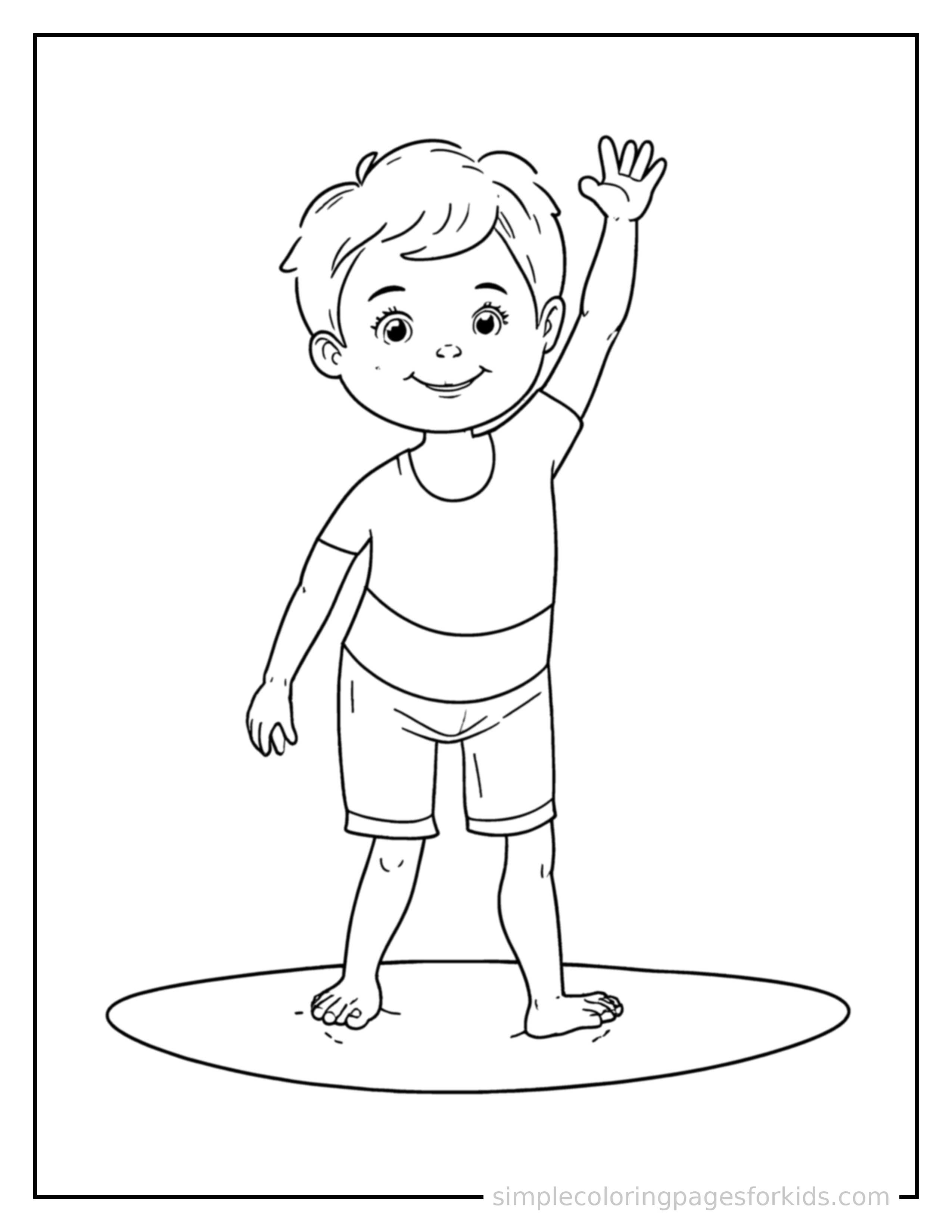 Free printable kid diving into a pool coloring page featuring a cute kid diving into a pool standing tall with a big cheerful grin, one hand raised in a wave, head tilted slightly.