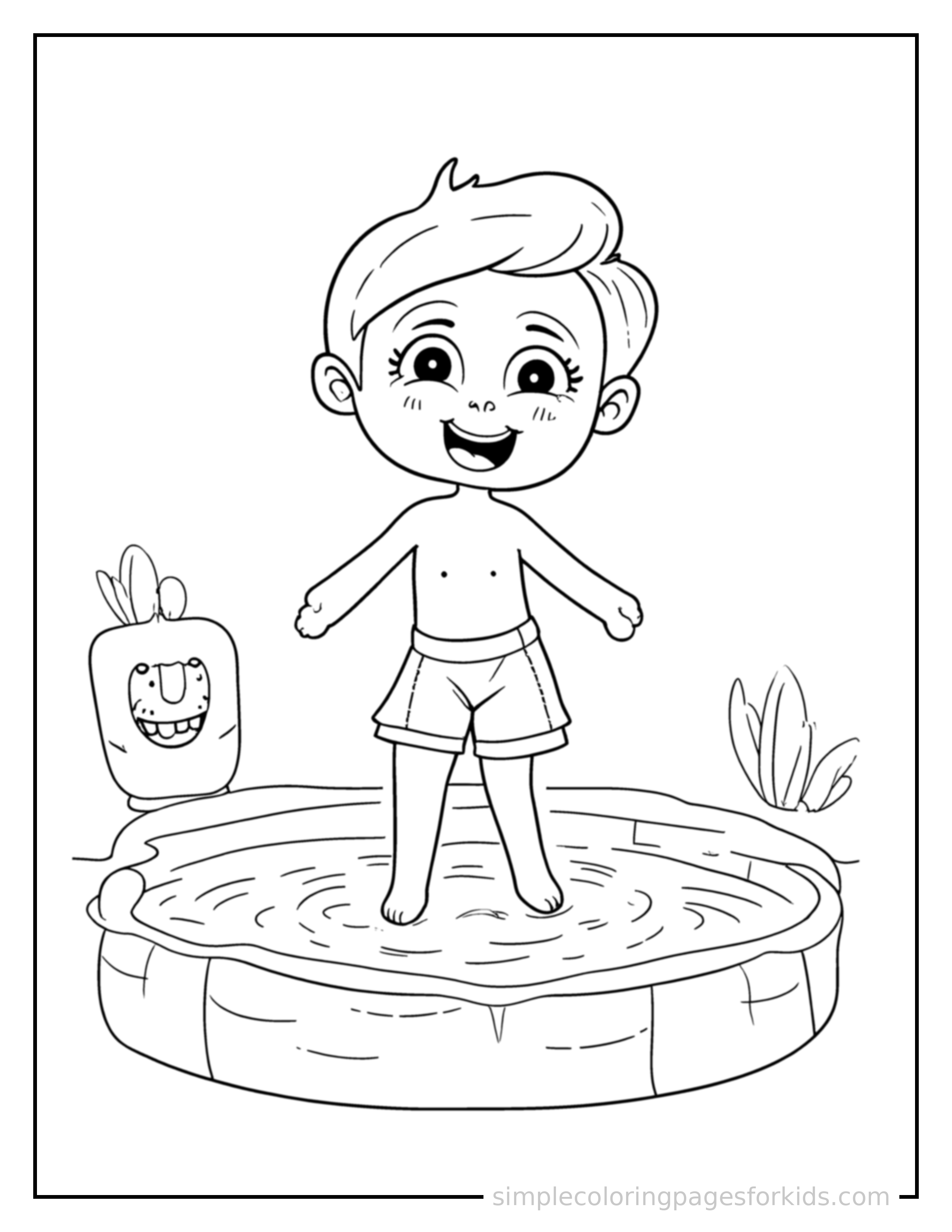 Free printable kid diving into a pool coloring page featuring a cute kid diving into a pool standing proudly with hands on hips, chest out, big sparkling happy eyes and open smile.