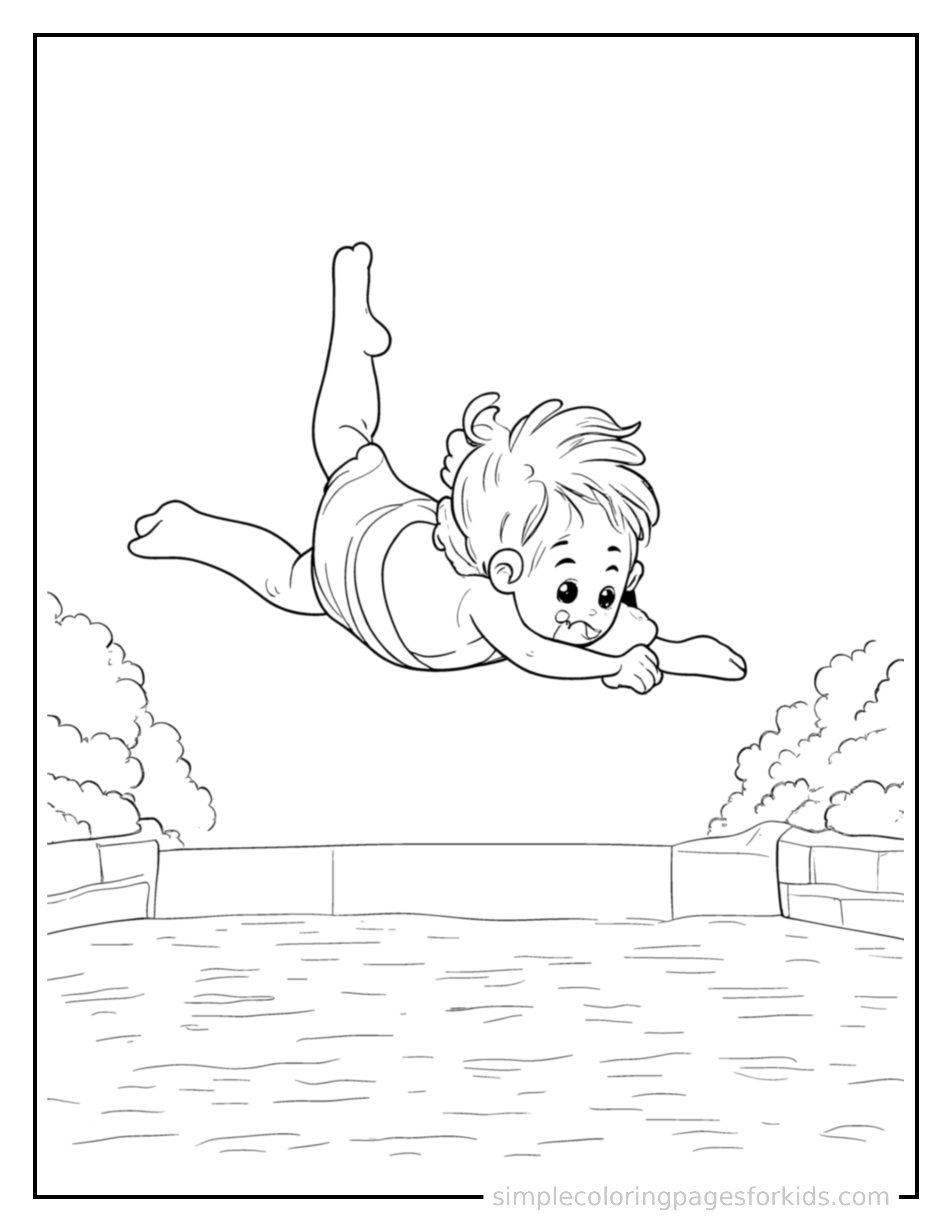 Free printable kid diving into a pool coloring page featuring a cute kid diving into a pool mid-jump with arms and legs stretched out playfully, mouth open with excitement.