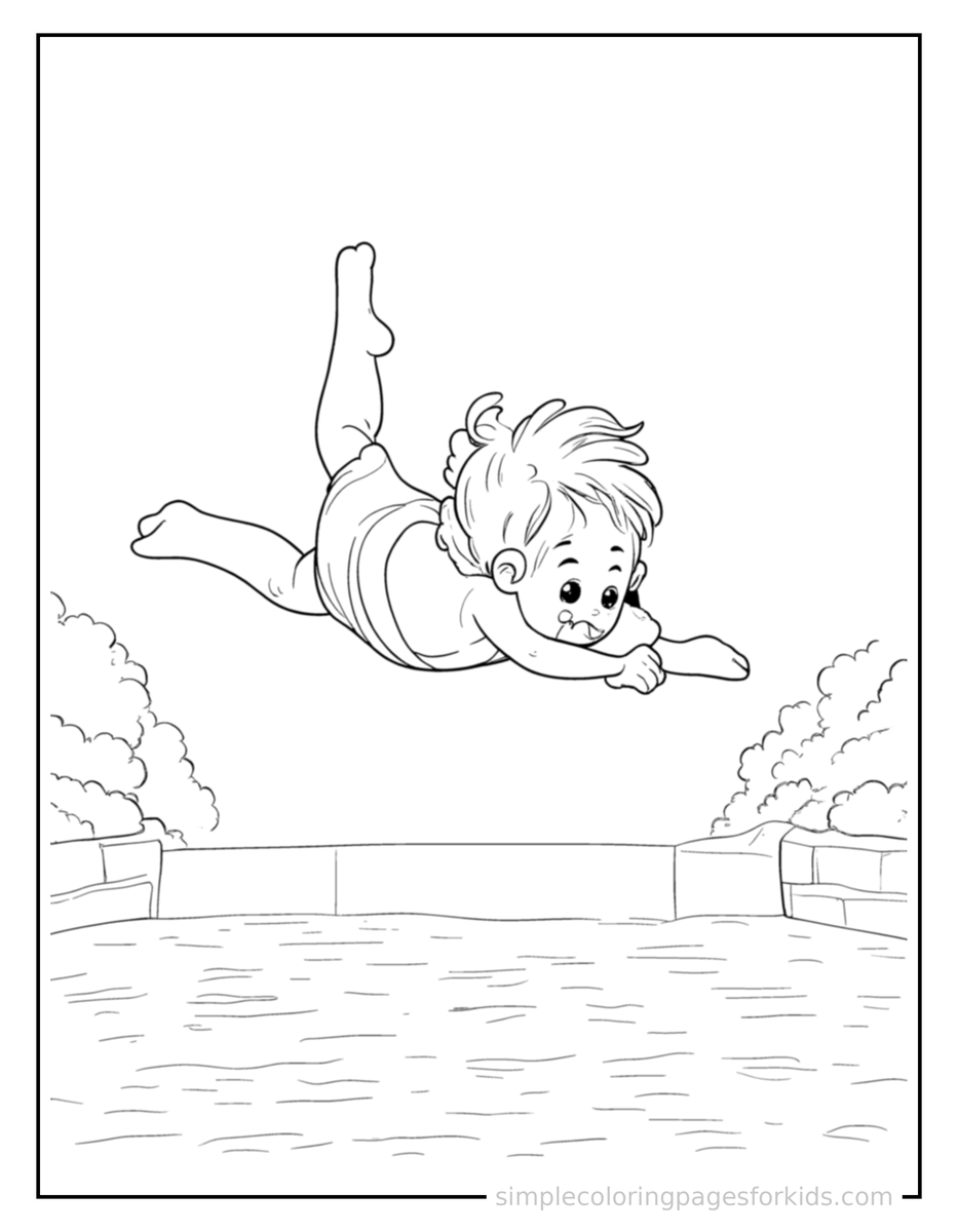 Jumping Kid Diving Into A Pool Coloring Page
