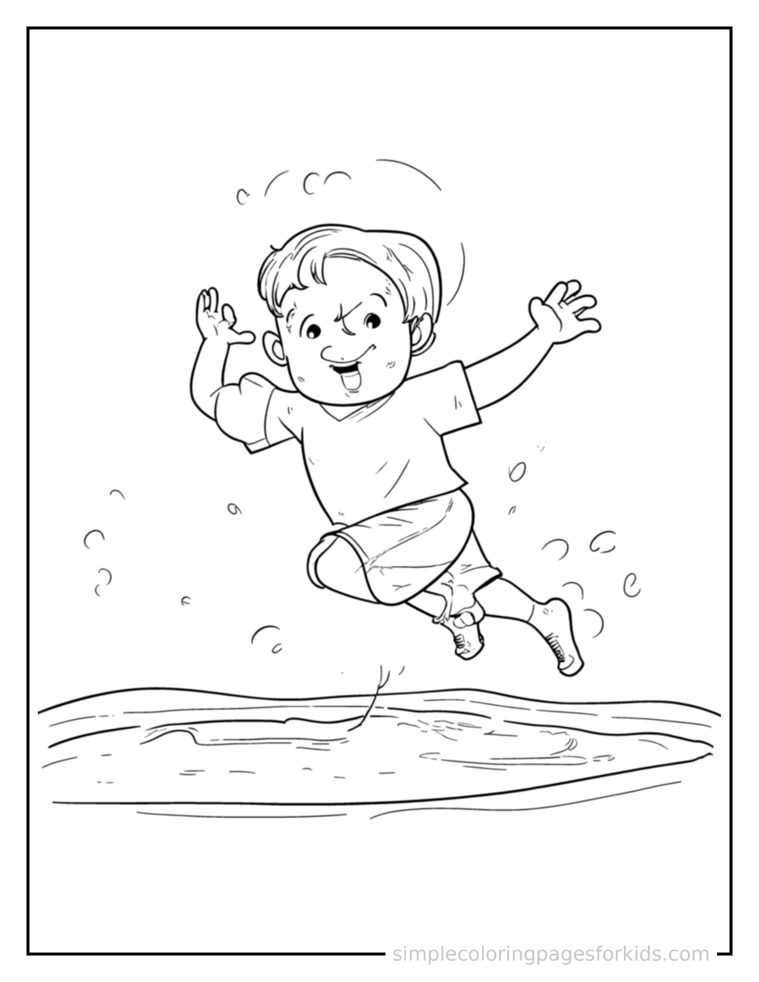 Free printable kid diving into a pool coloring page featuring a cute kid diving into a pool running forward at full speed, arms pumping, big happy grin.