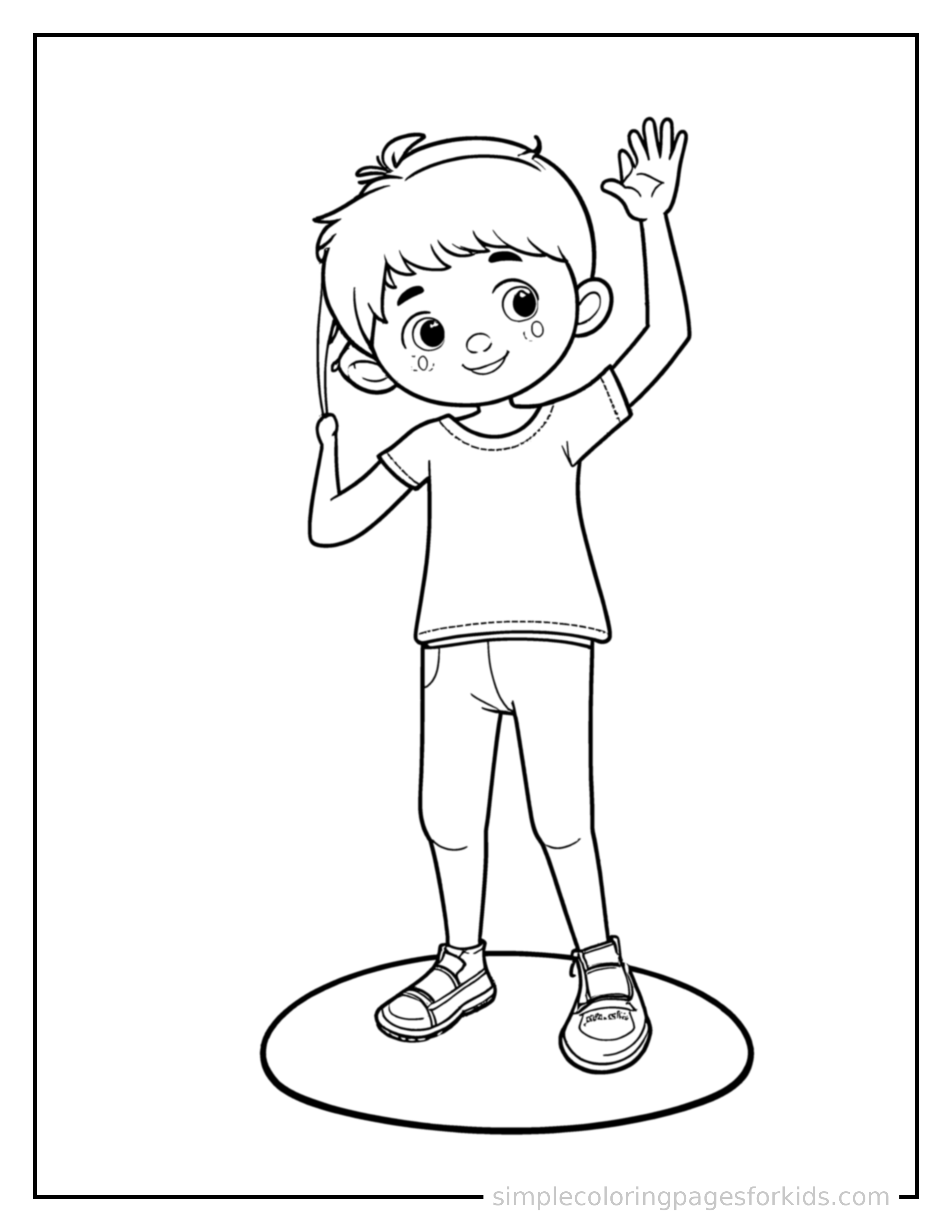 Free printable kid jumping rope coloring page featuring a cute kid jumping rope standing tall with a big cheerful grin, one hand raised in a wave, head tilted slightly.
