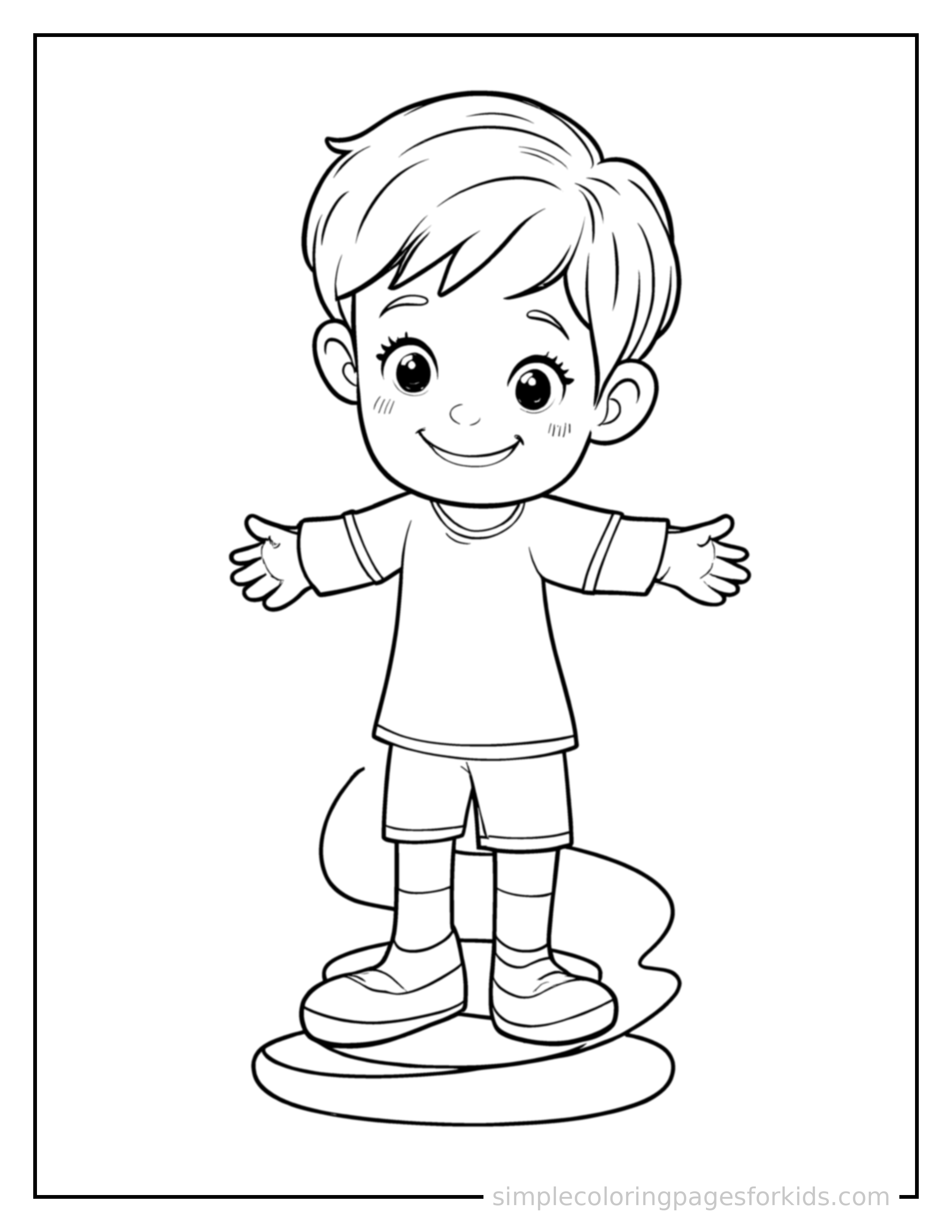 Free printable kid jumping rope coloring page featuring a cute kid jumping rope standing proudly with hands on hips, chest out, big sparkling happy eyes and open smile.