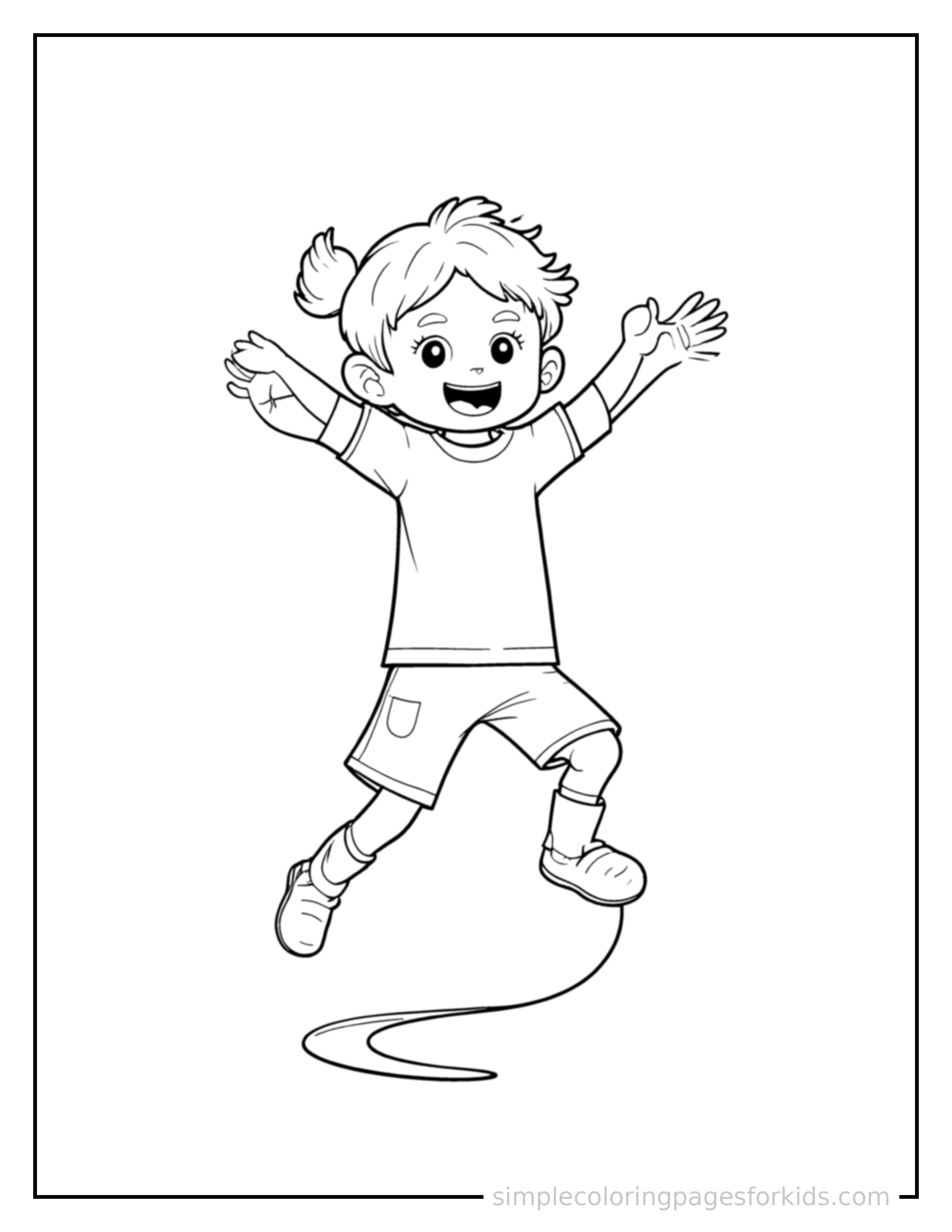 Free printable kid jumping rope coloring page featuring a cute kid jumping rope mid-jump with arms and legs stretched out playfully, mouth open with excitement.