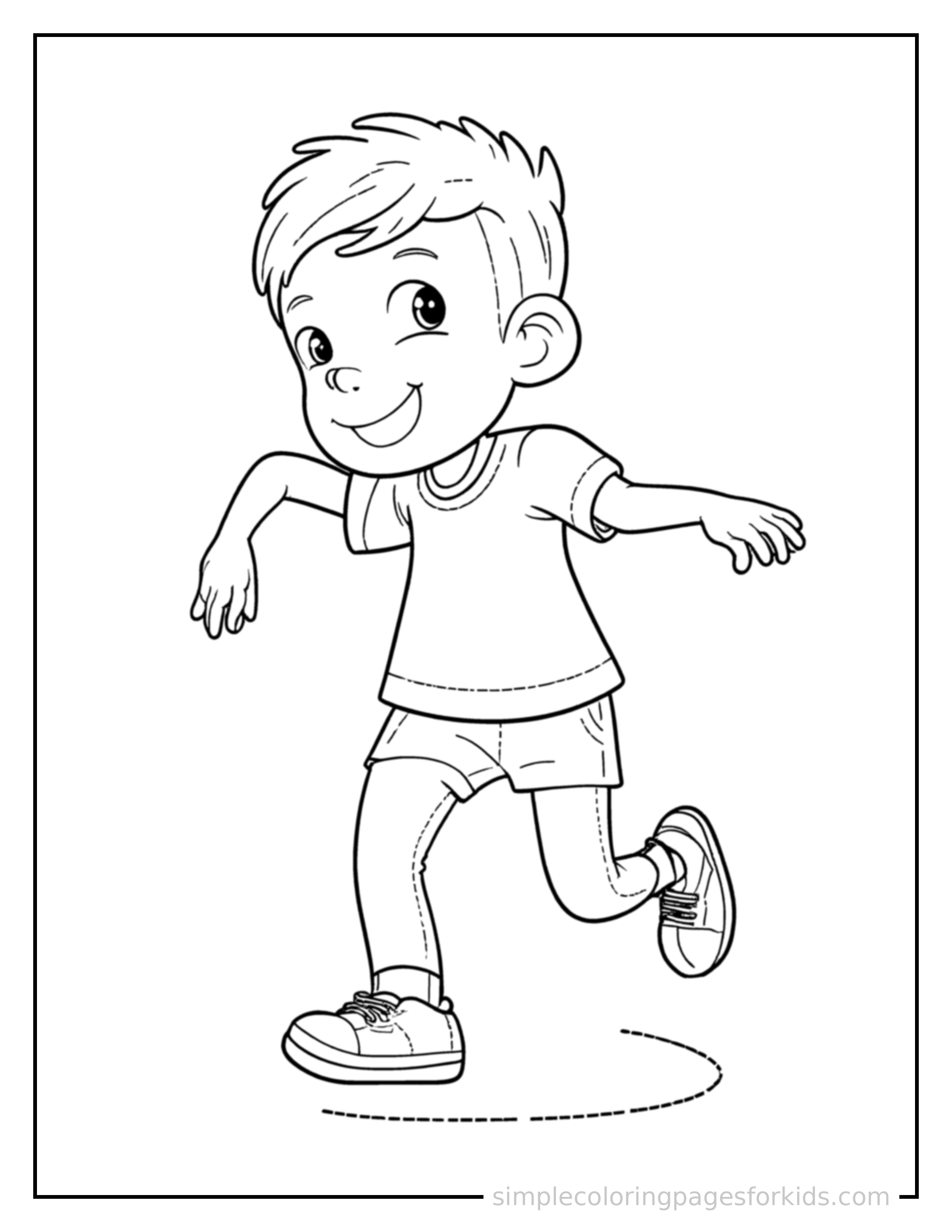 Free printable kid jumping rope coloring page featuring a cute kid jumping rope running forward at full speed, arms pumping, big happy grin.