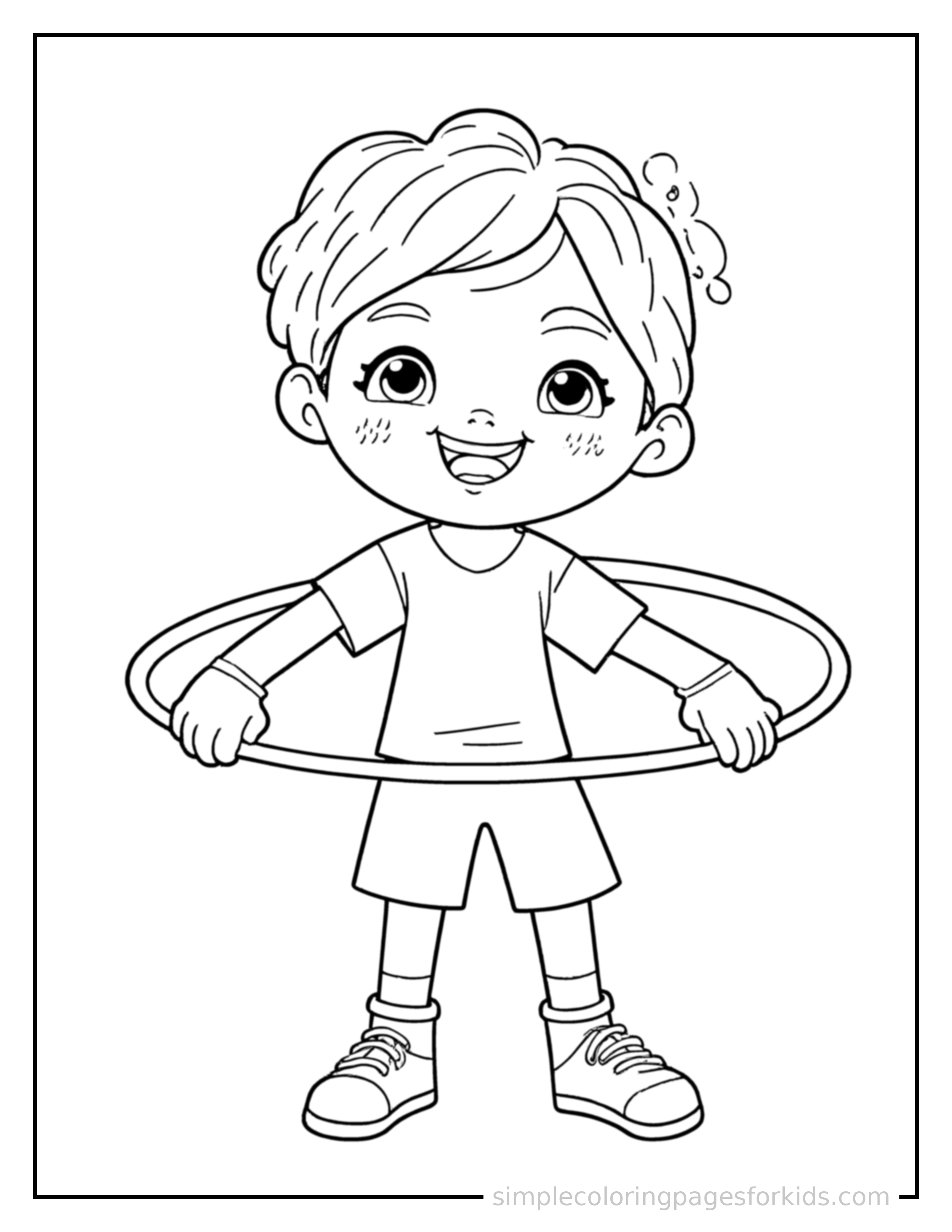 Free printable kid spinning a hula hoop coloring page featuring a cute kid spinning a hula hoop standing proudly with hands on hips, chest out, big sparkling happy eyes and open smile.