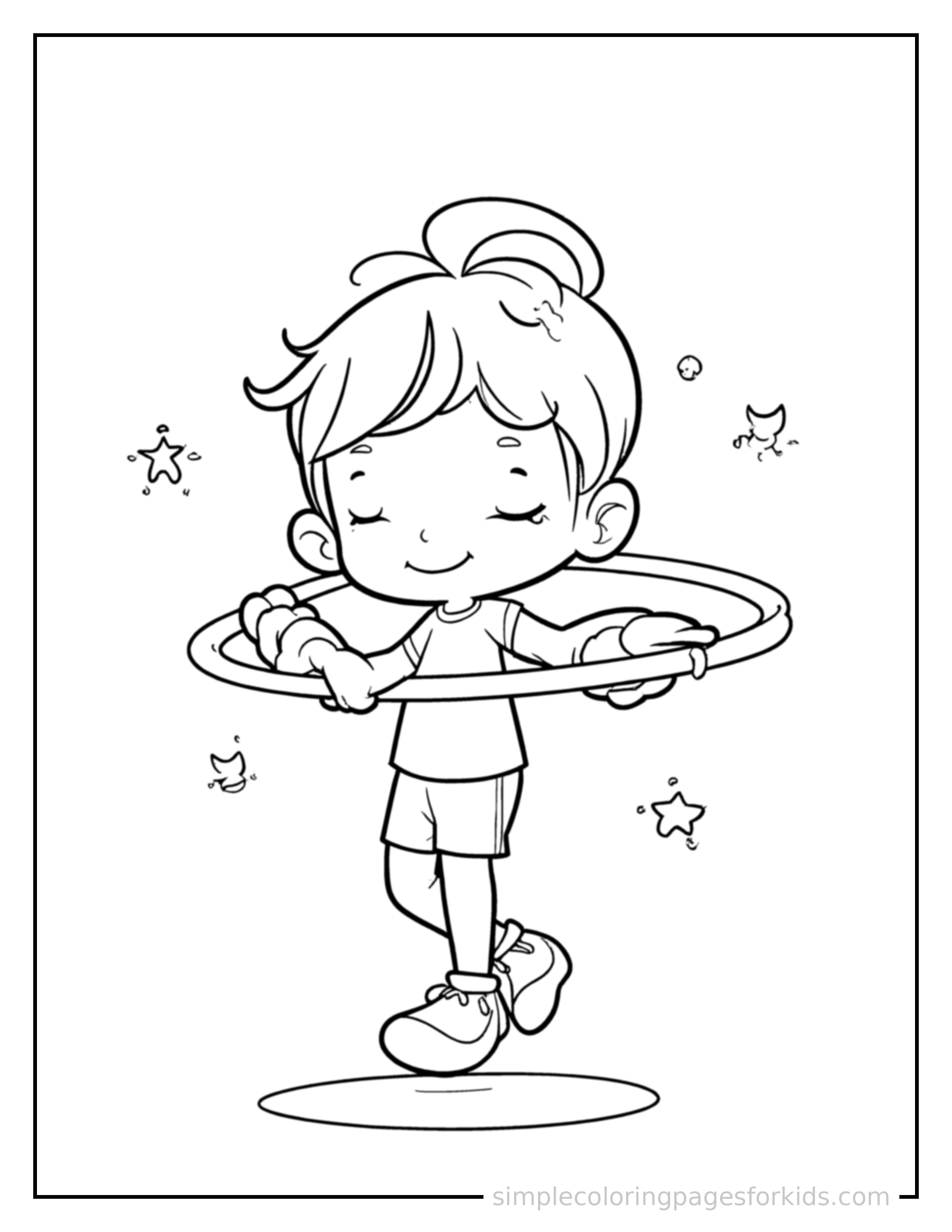 Free printable kid spinning a hula hoop coloring page featuring a cute kid spinning a hula hoop curled up fast asleep, peaceful smile, one eye scrunched shut, hands tucked under the chin.