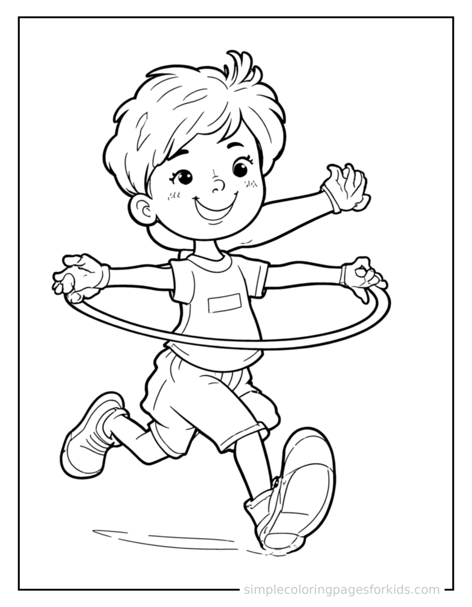 Running Kid Spinning A Hula Hoop Coloring Page