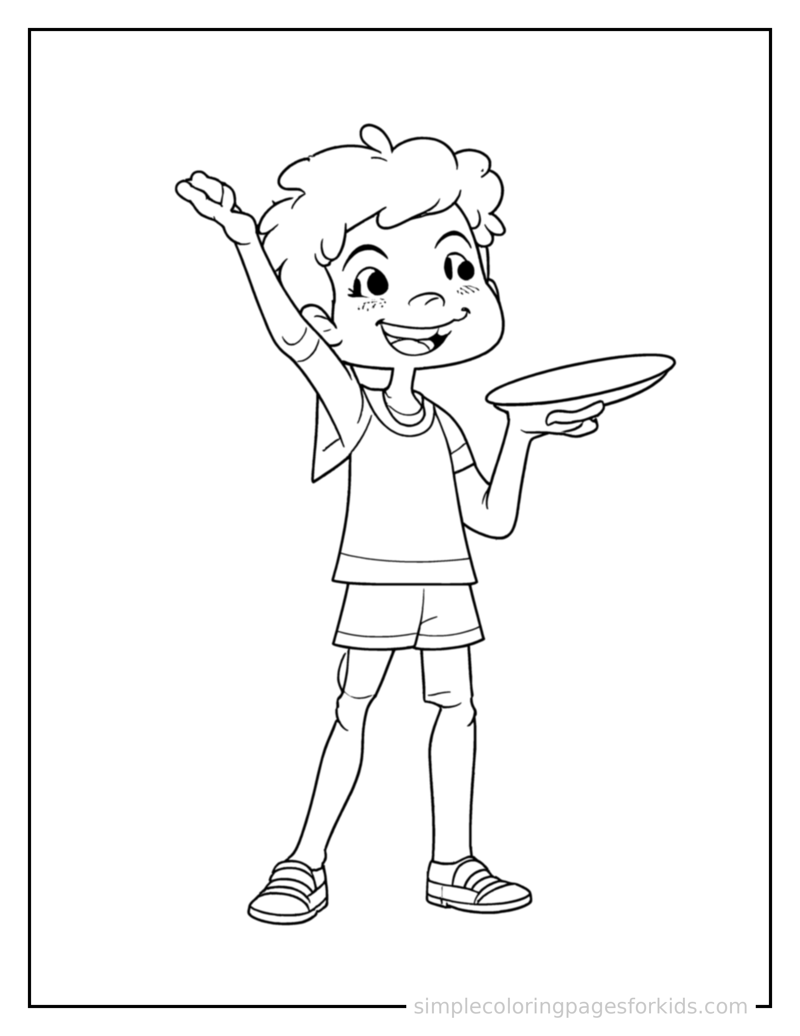 Free printable kid throwing a frisbee coloring page featuring a cute kid throwing a frisbee standing tall with a big cheerful grin, one hand raised in a wave, head tilted slightly.