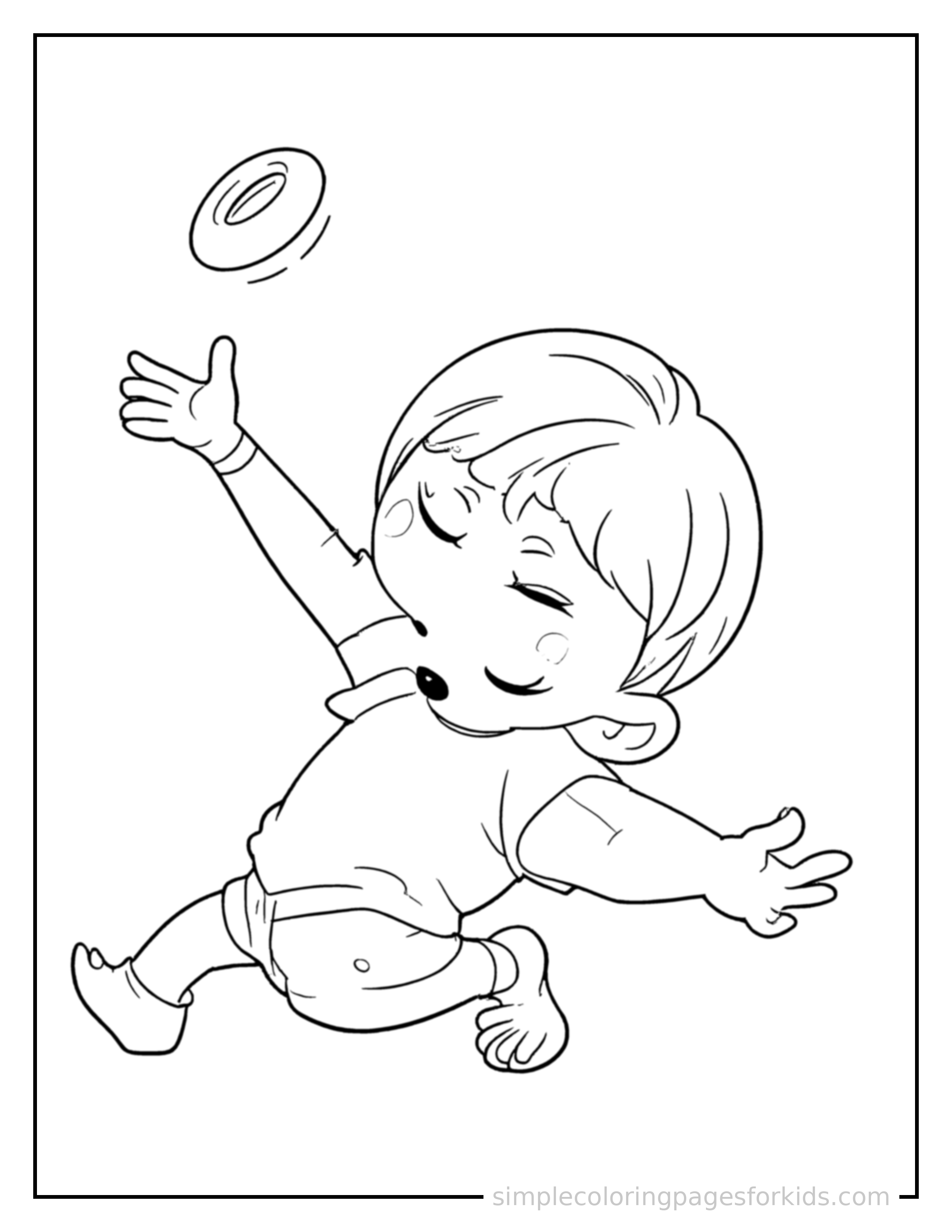 Free printable kid throwing a frisbee coloring page featuring a cute kid throwing a frisbee curled up fast asleep, peaceful smile, one eye scrunched shut, hands tucked under the chin.