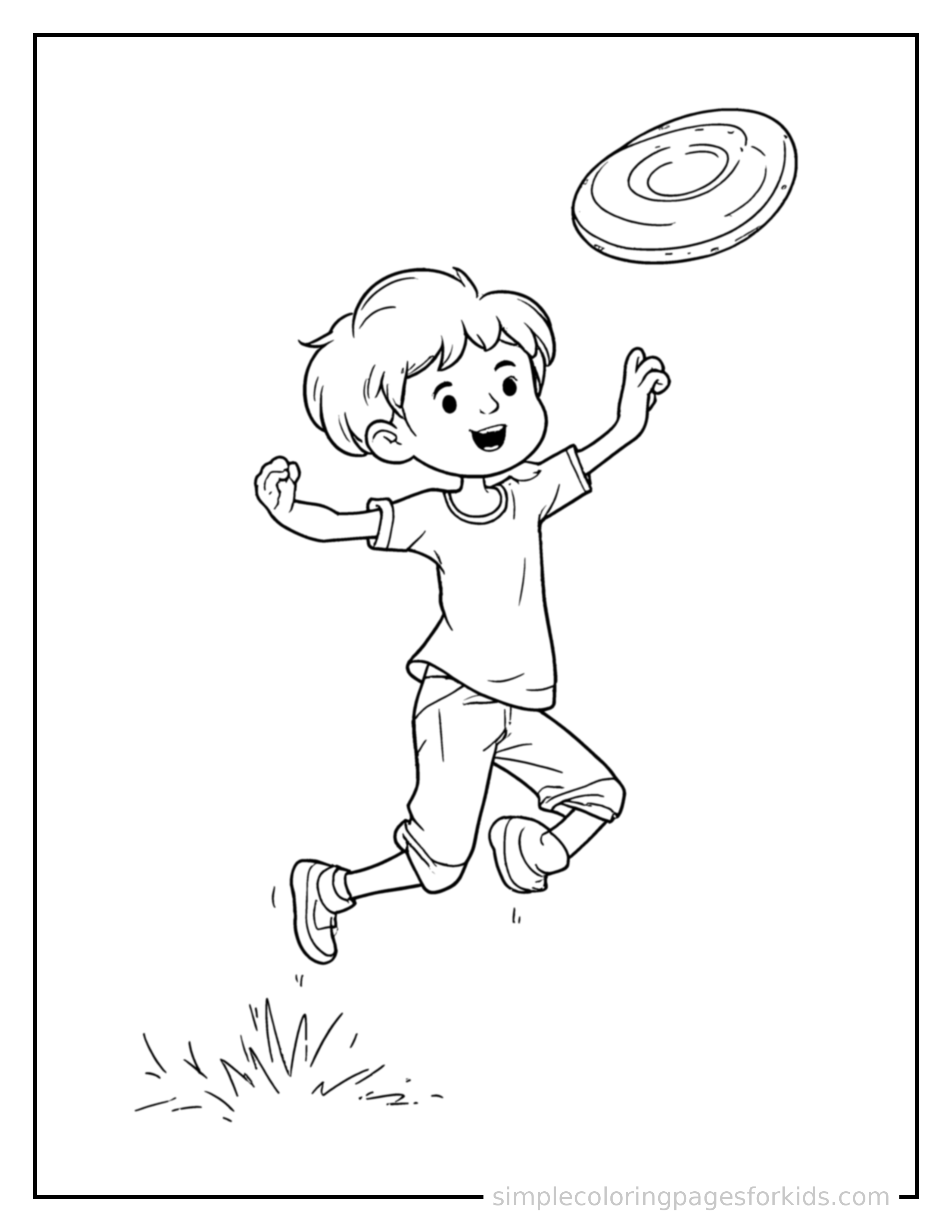Free printable kid throwing a frisbee coloring page featuring a cute kid throwing a frisbee mid-jump with arms and legs stretched out playfully, mouth open with excitement.