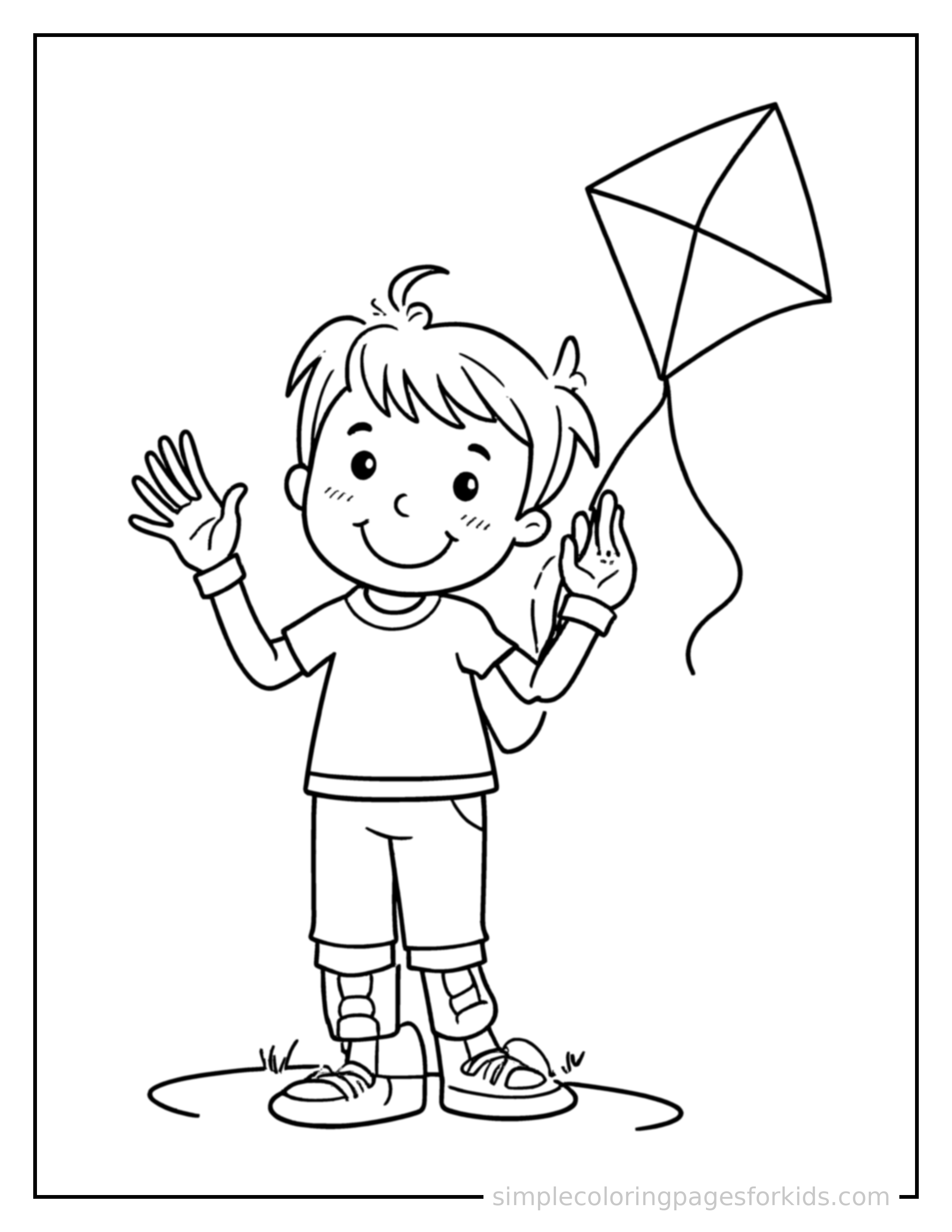 Free printable kid flying a kite coloring page featuring a cute kid flying a kite standing tall with a big cheerful grin, one hand raised in a wave, head tilted slightly.
