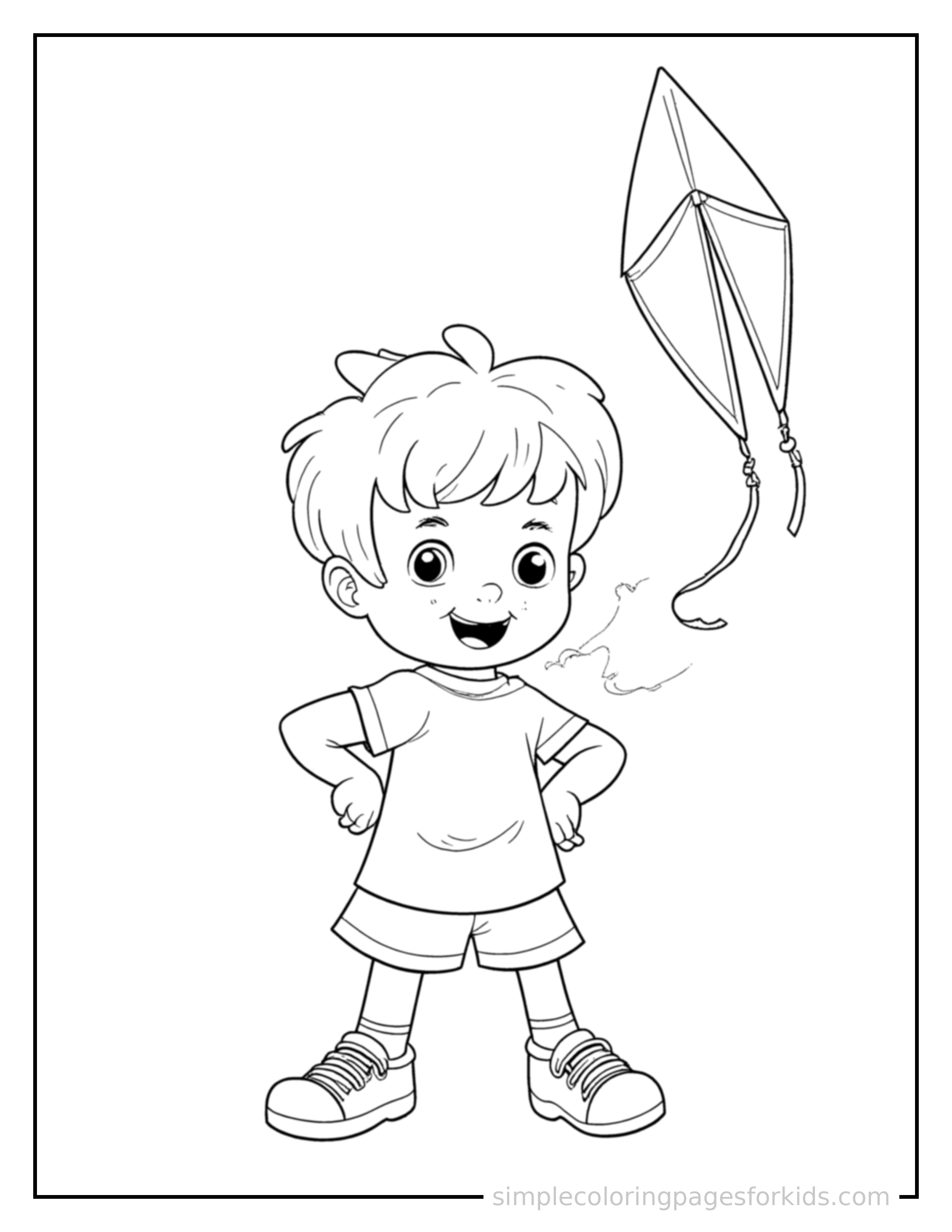 Free printable kid flying a kite coloring page featuring a cute kid flying a kite standing proudly with hands on hips, chest out, big sparkling happy eyes and open smile.