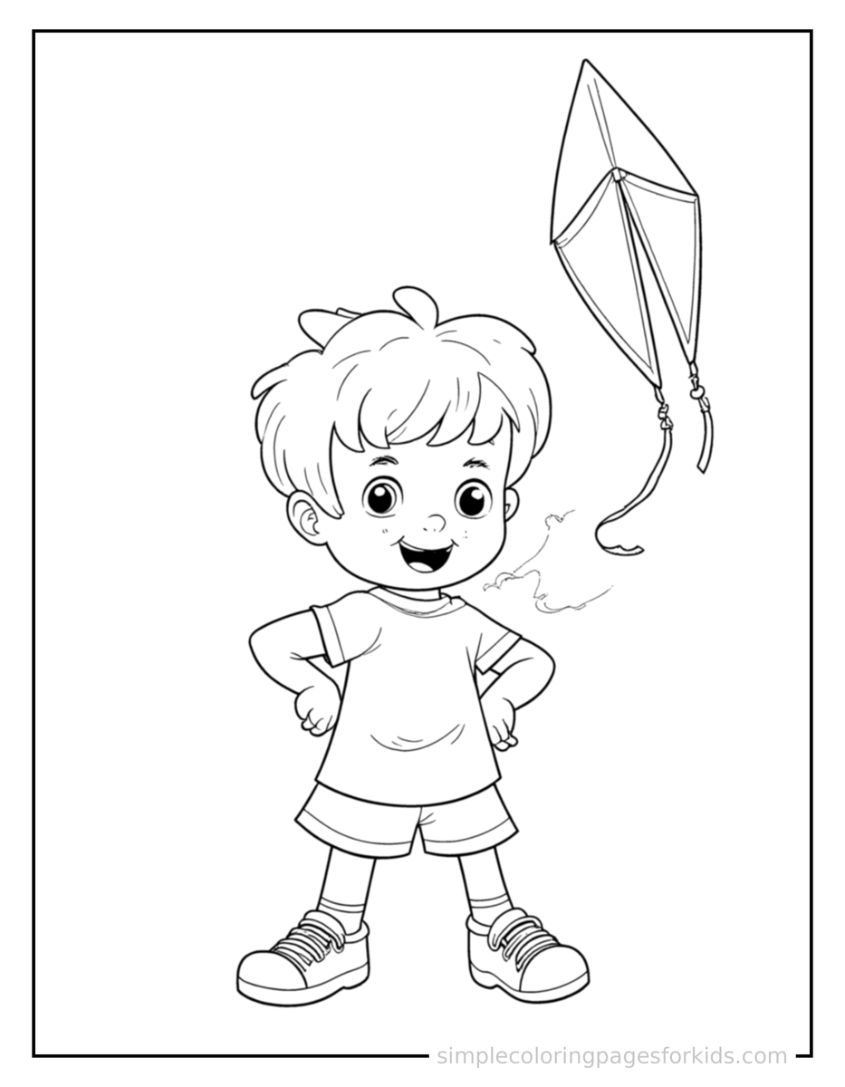 Proud Kid Flying A Kite Coloring Page