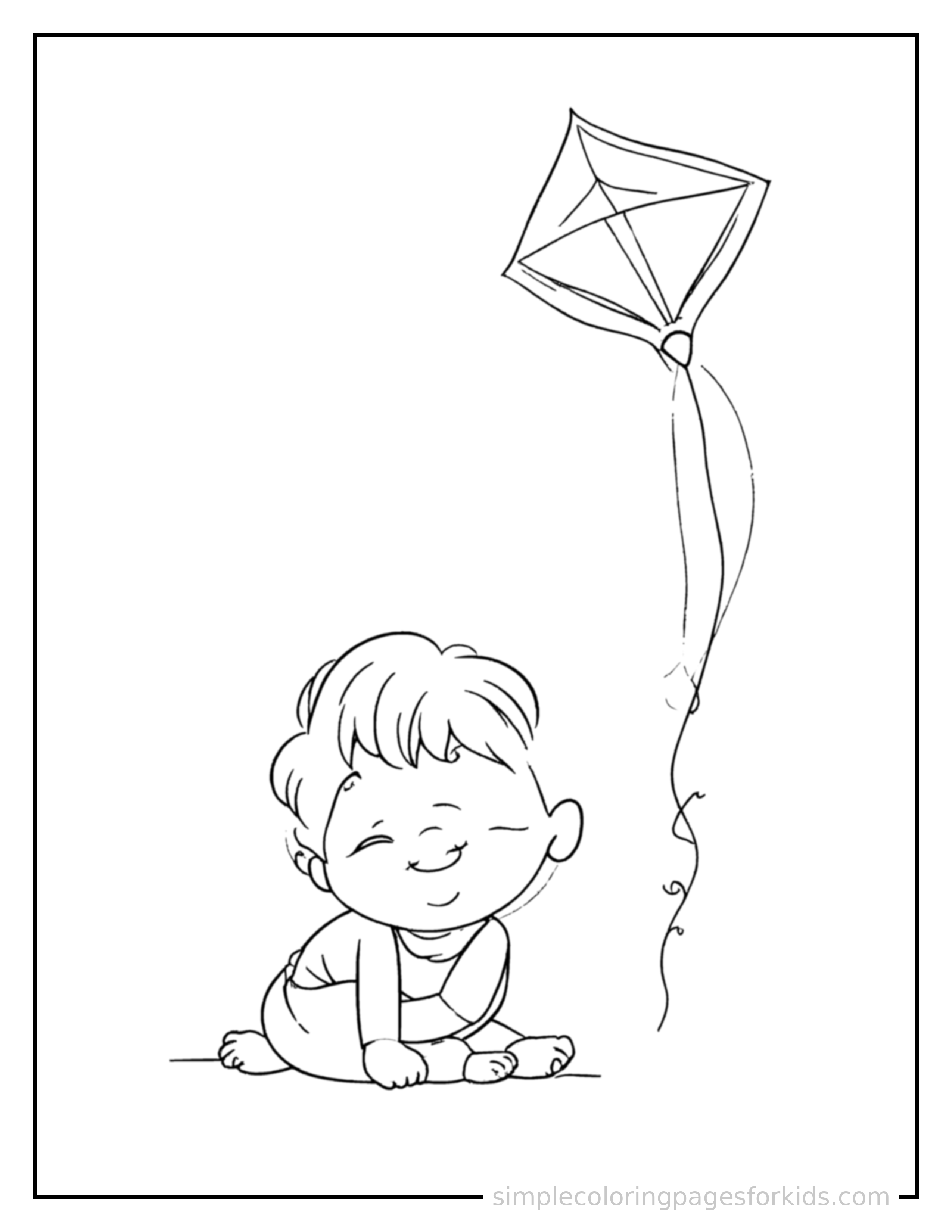 Free printable kid flying a kite coloring page featuring a cute kid flying a kite curled up fast asleep, peaceful smile, one eye scrunched shut, hands tucked under the chin.
