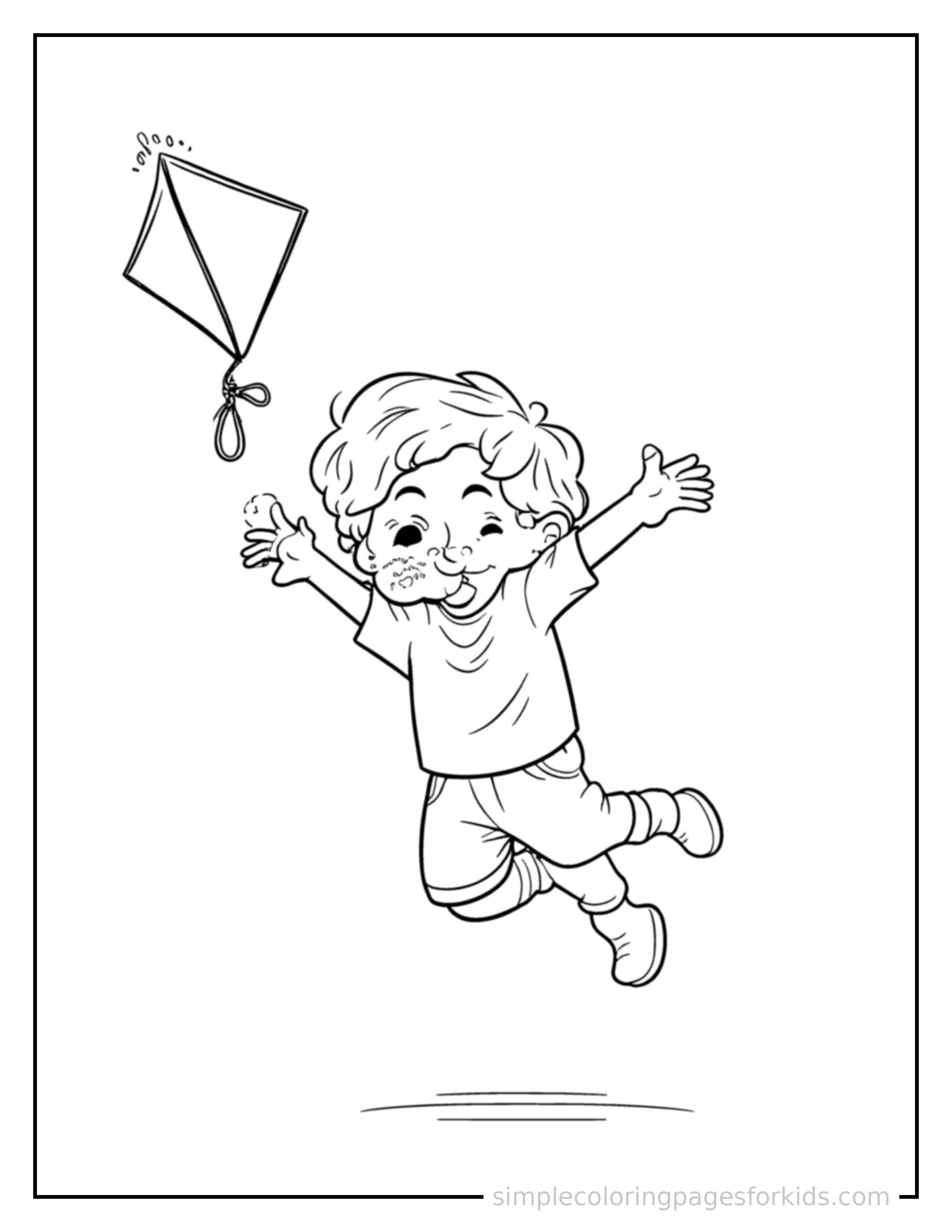 Free printable kid flying a kite coloring page featuring a cute kid flying a kite mid-jump with arms and legs stretched out playfully, mouth open with excitement.
