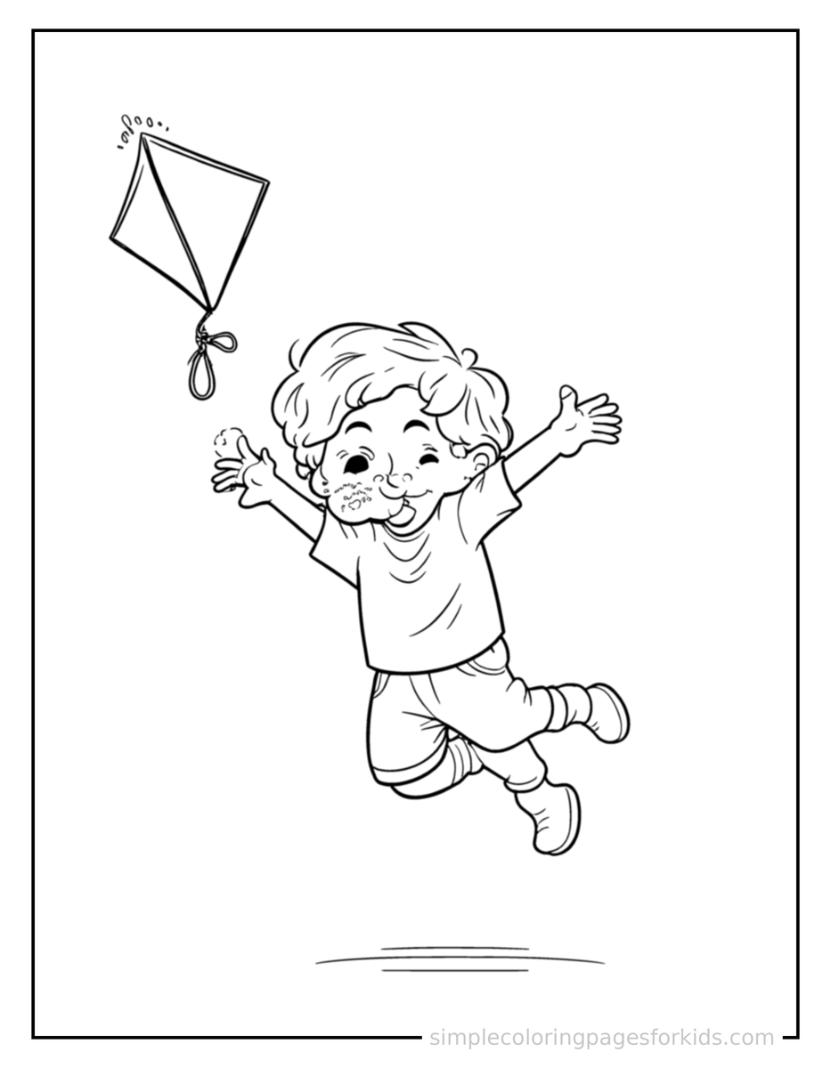 Jumping Kid Flying A Kite Coloring Page