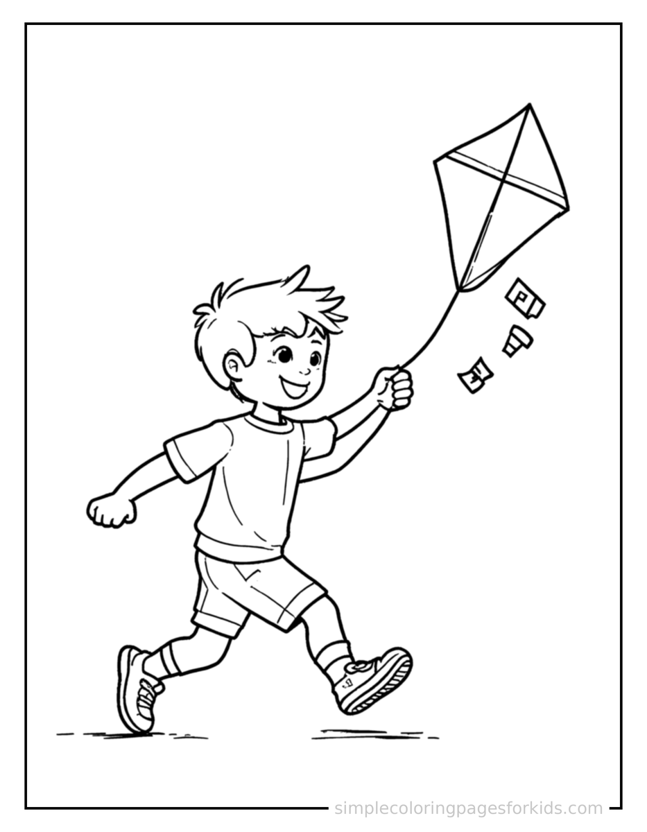 Running Kid Flying A Kite Coloring Page