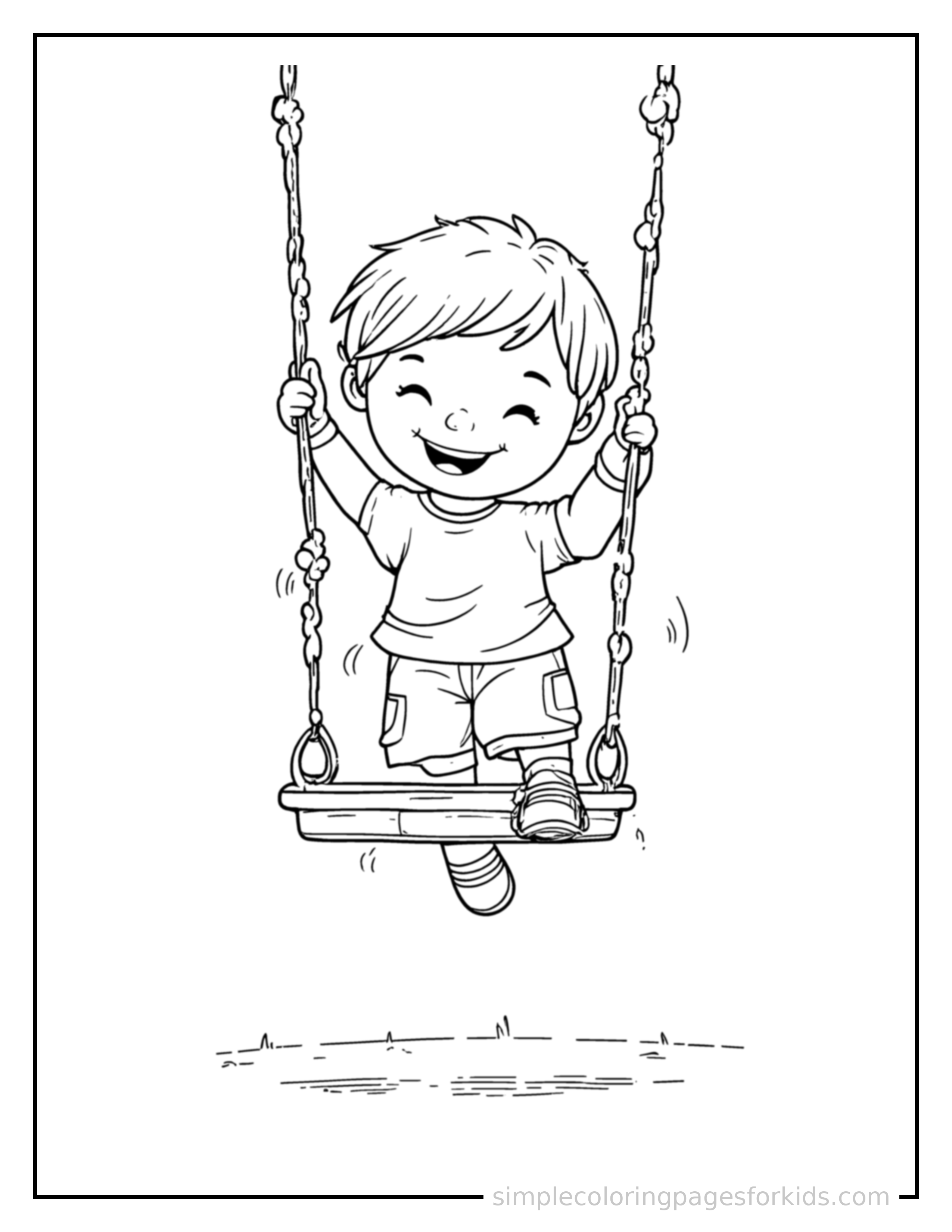 Free printable kid swinging on a playground swing coloring page featuring a cute kid swinging on a playground swing standing tall with a big cheerful grin, one hand raised in a wave, head tilted slightly.