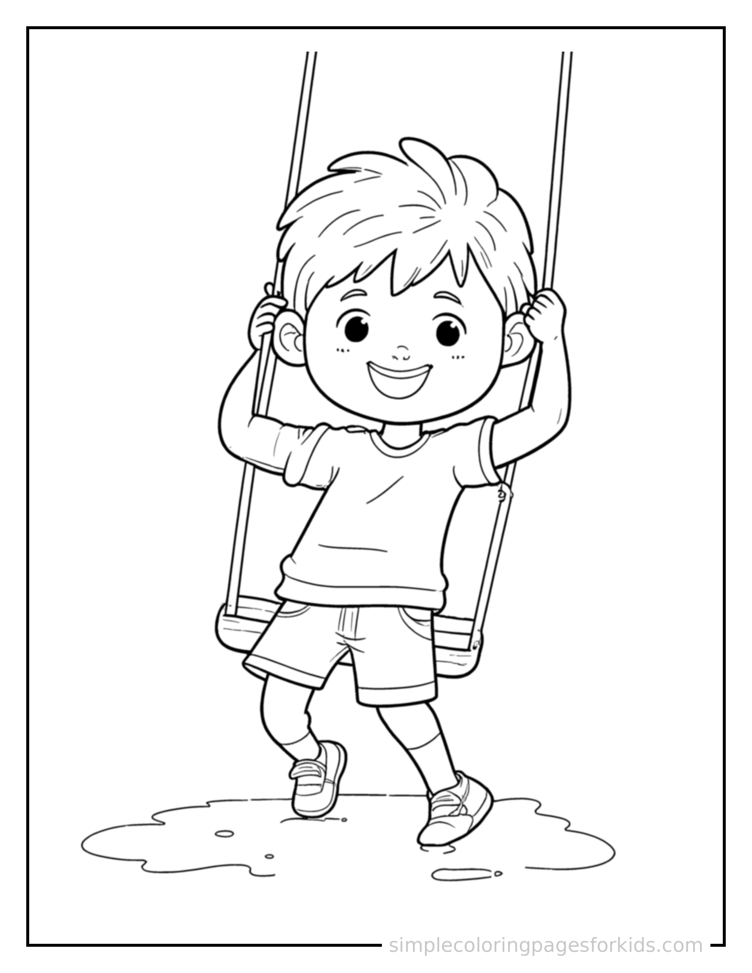 Free printable kid swinging on a playground swing coloring page featuring a cute kid swinging on a playground swing standing proudly with hands on hips, chest out, big sparkling happy eyes and open smile.