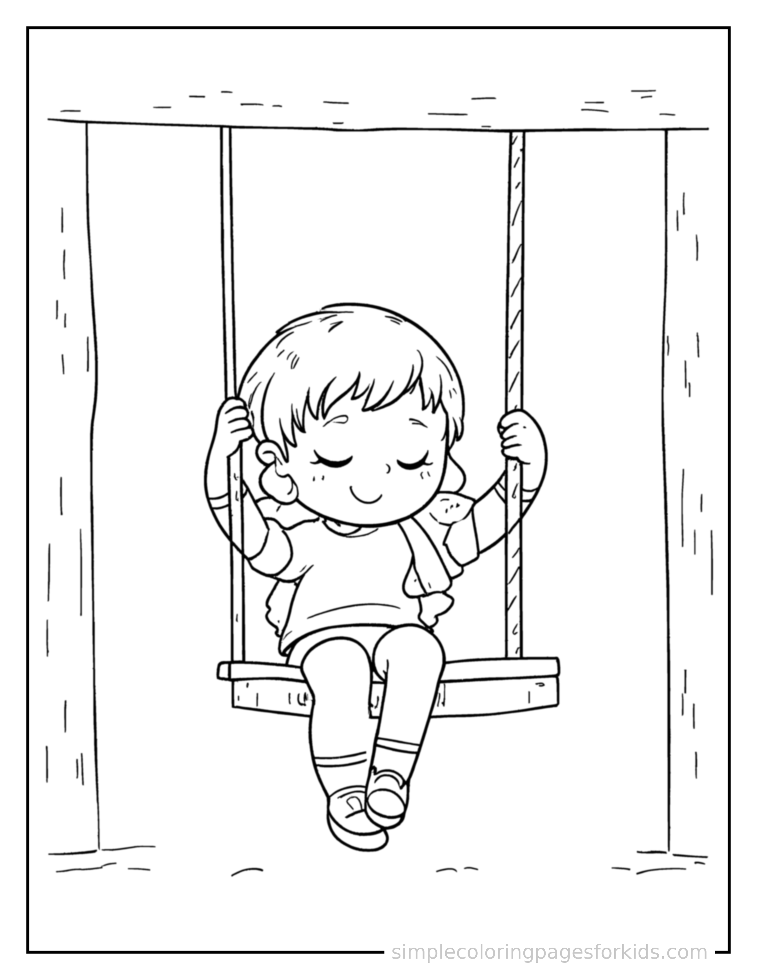 Free printable kid swinging on a playground swing coloring page featuring a cute kid swinging on a playground swing curled up fast asleep, peaceful smile, one eye scrunched shut, hands tucked under the chin.