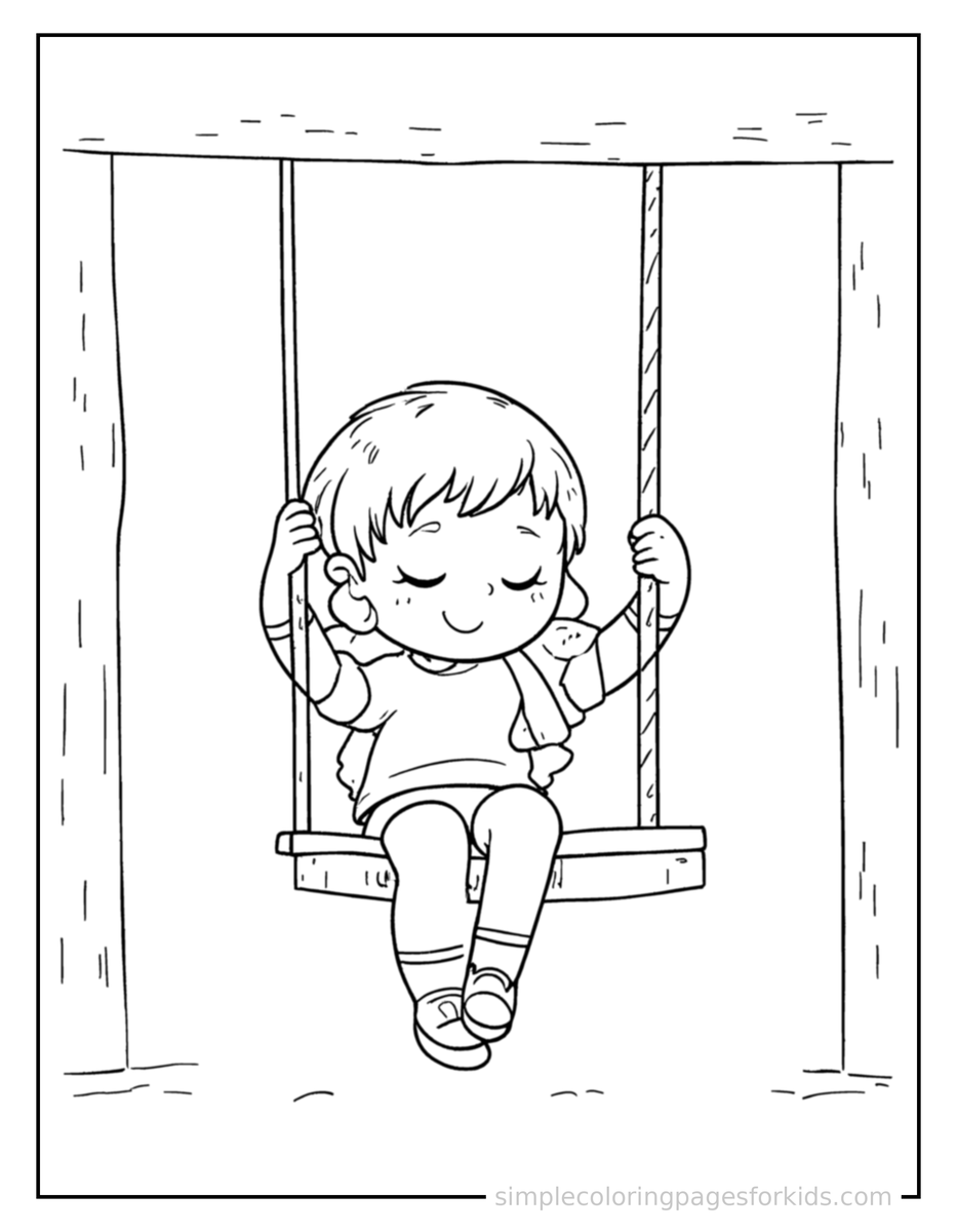 Sleepy Kid Swinging On A Playground Swing Coloring Page