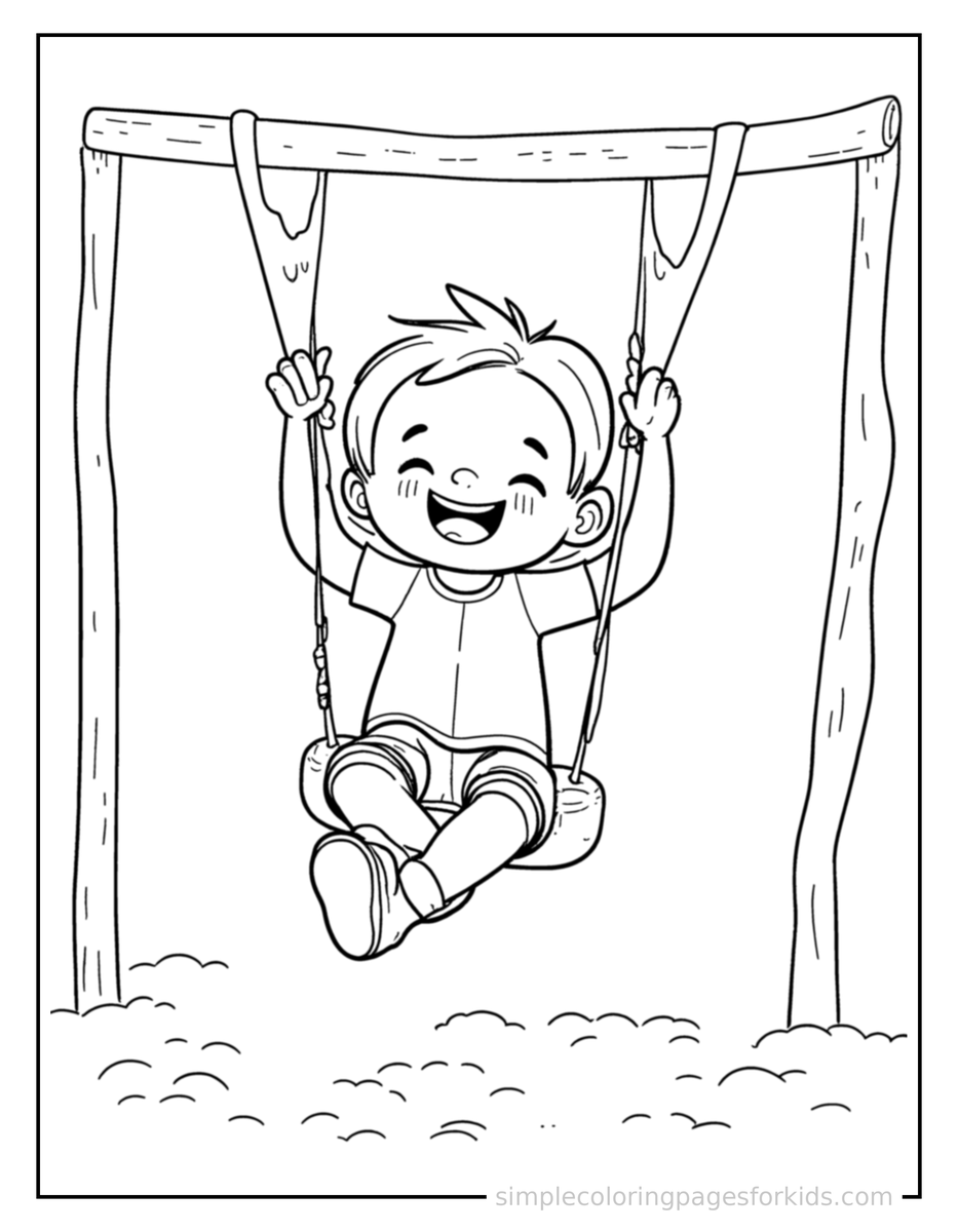 Jumping Kid Swinging On A Playground Swing Coloring Page