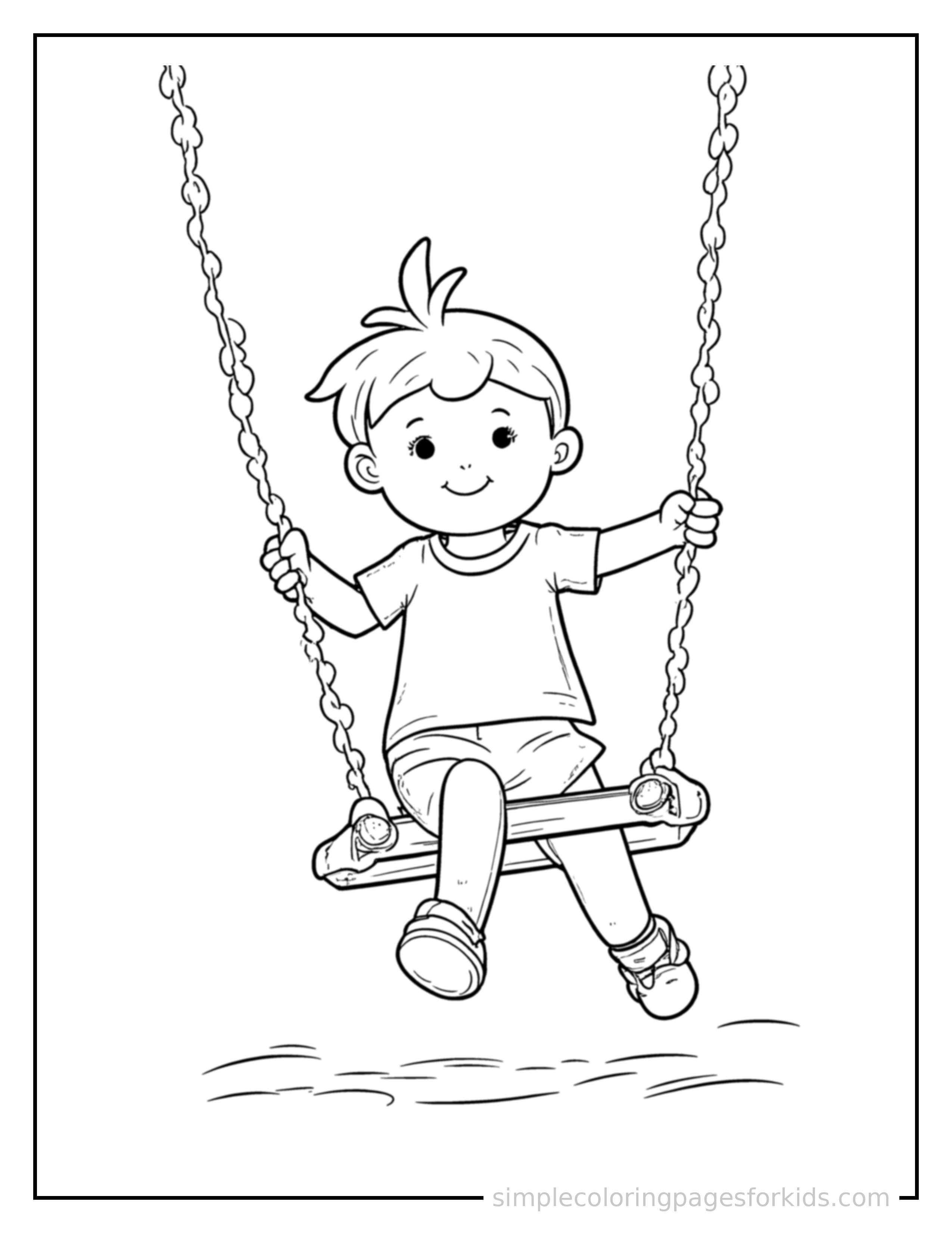 Free printable kid swinging on a playground swing coloring page featuring a cute kid swinging on a playground swing running forward at full speed, arms pumping, big happy grin.
