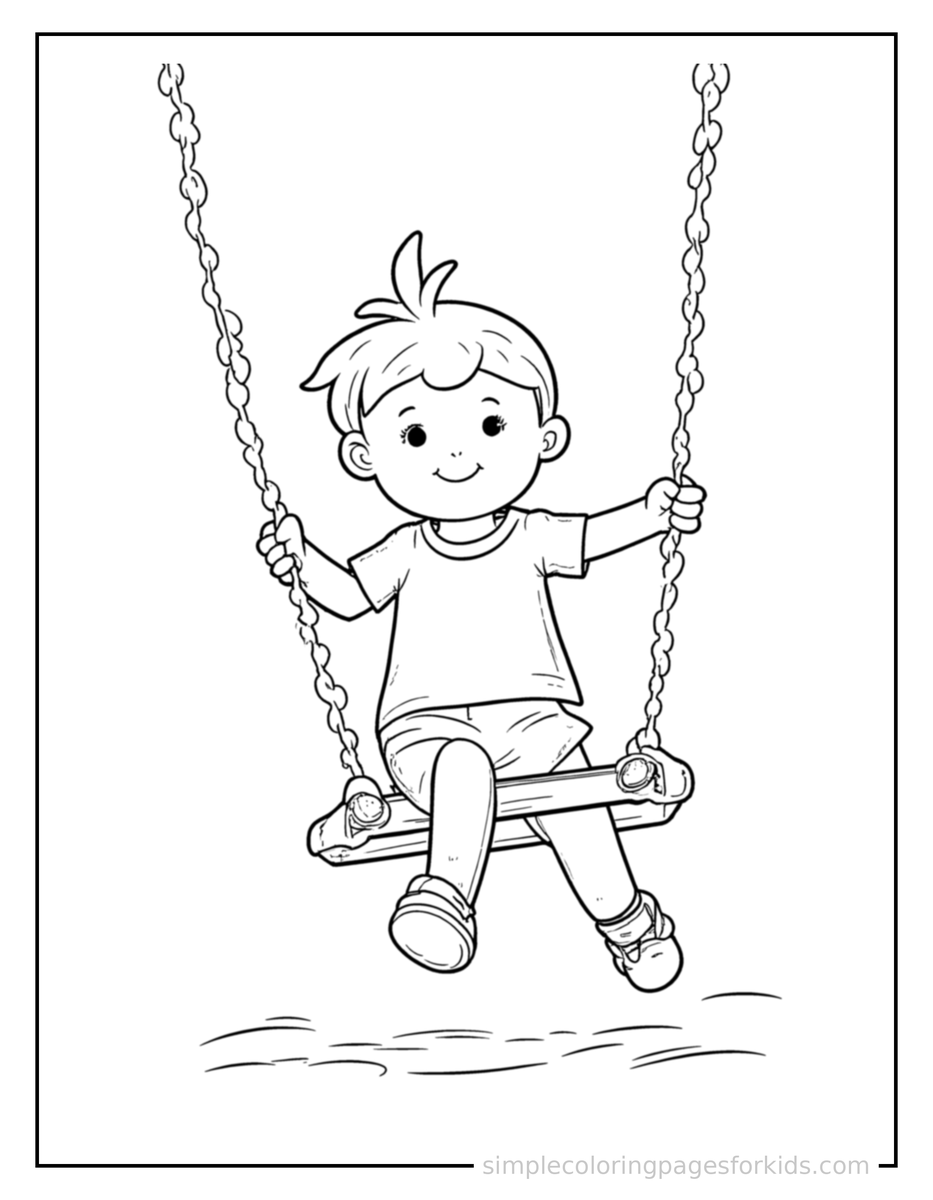 Running Kid Swinging On A Playground Swing Coloring Page