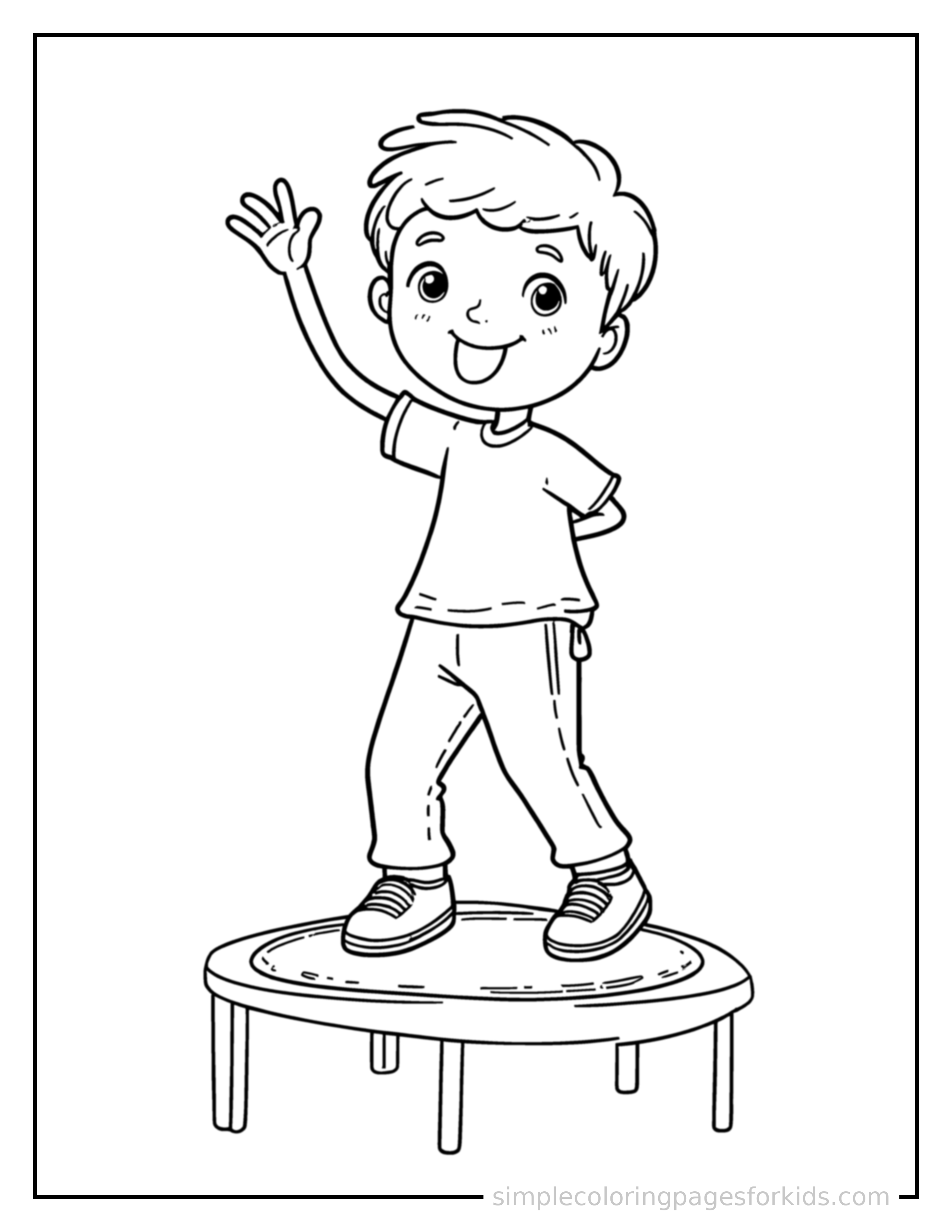 Free printable kid jumping on a trampoline coloring page featuring a cute kid jumping on a trampoline standing tall with a big cheerful grin, one hand raised in a wave, head tilted slightly.
