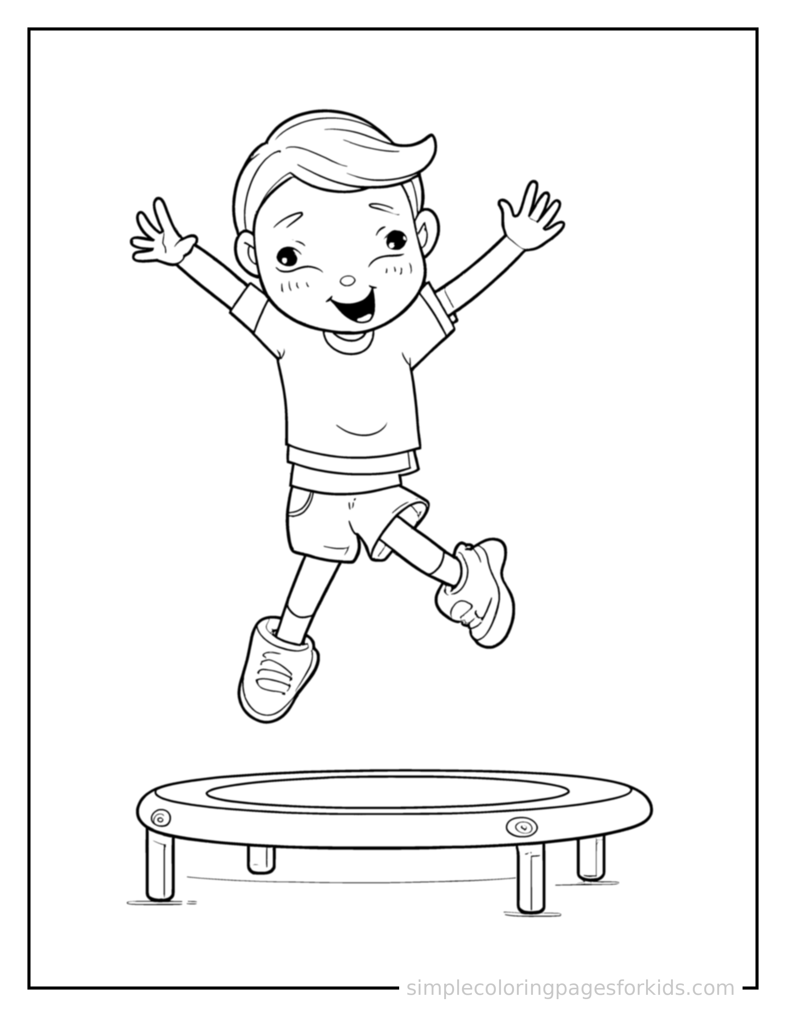 Free printable kid jumping on a trampoline coloring page featuring a cute kid jumping on a trampoline mid-jump with arms and legs stretched out playfully, mouth open with excitement.
