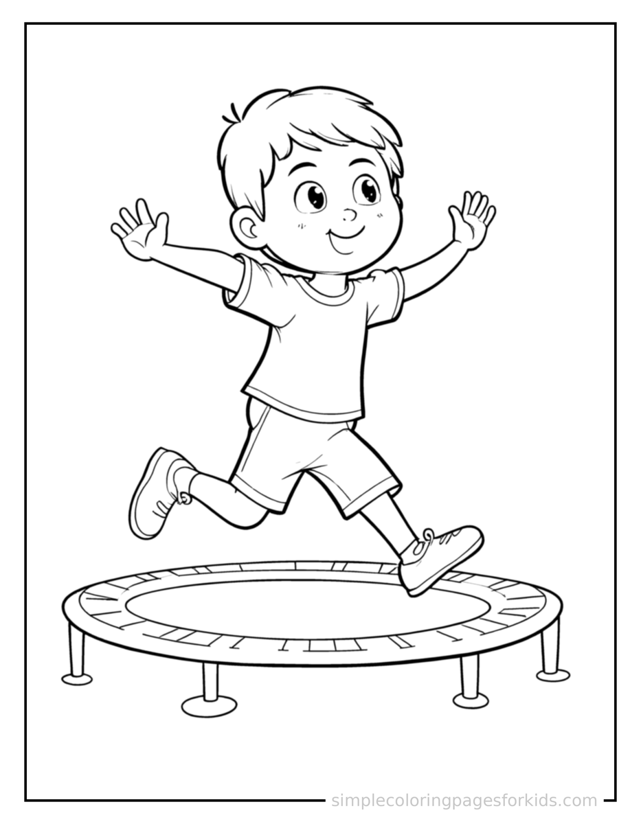 Running Kid Jumping On A Trampoline Coloring Page