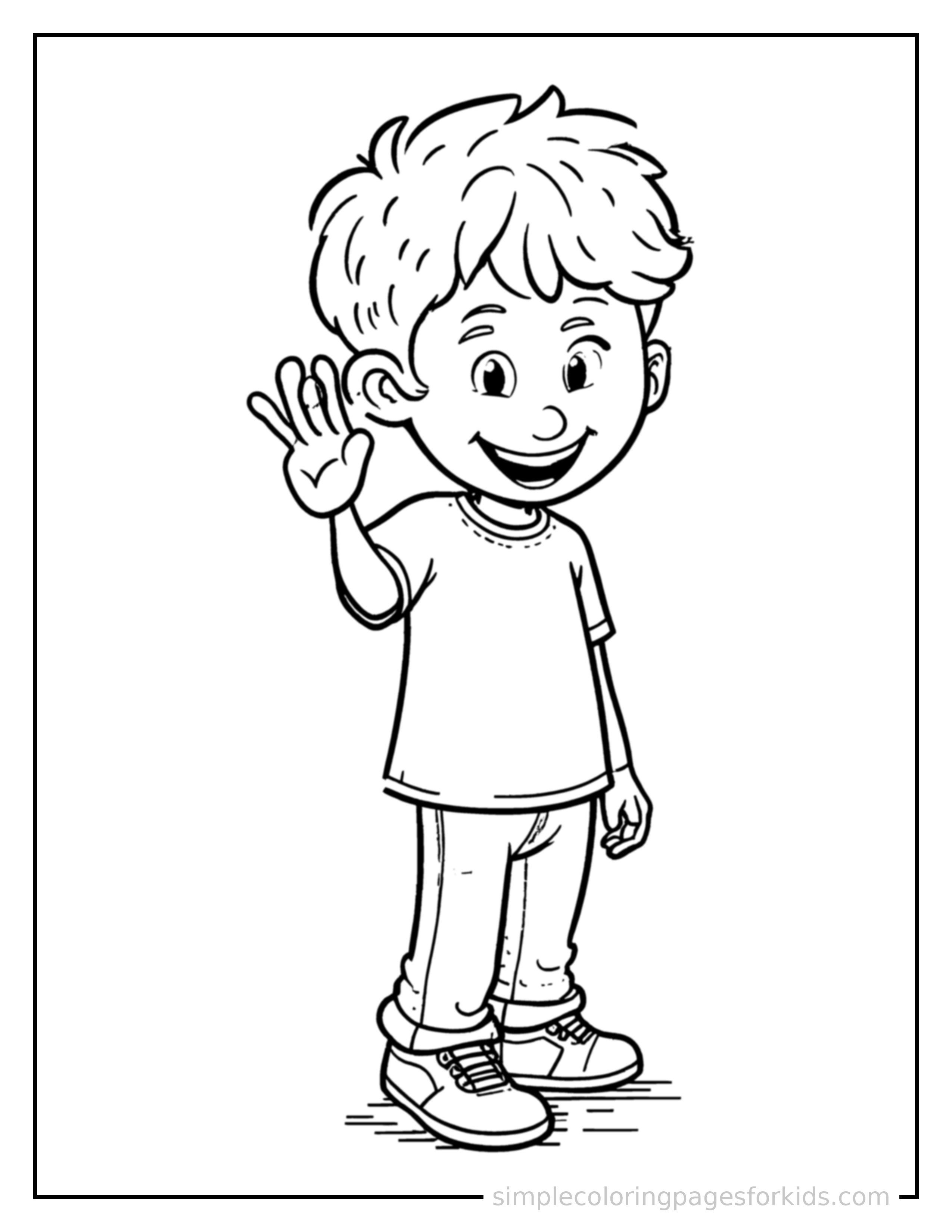 Free printable kid playing tag with friends coloring page featuring a cute kid playing tag with friends standing tall with a big cheerful grin, one hand raised in a wave, head tilted slightly.