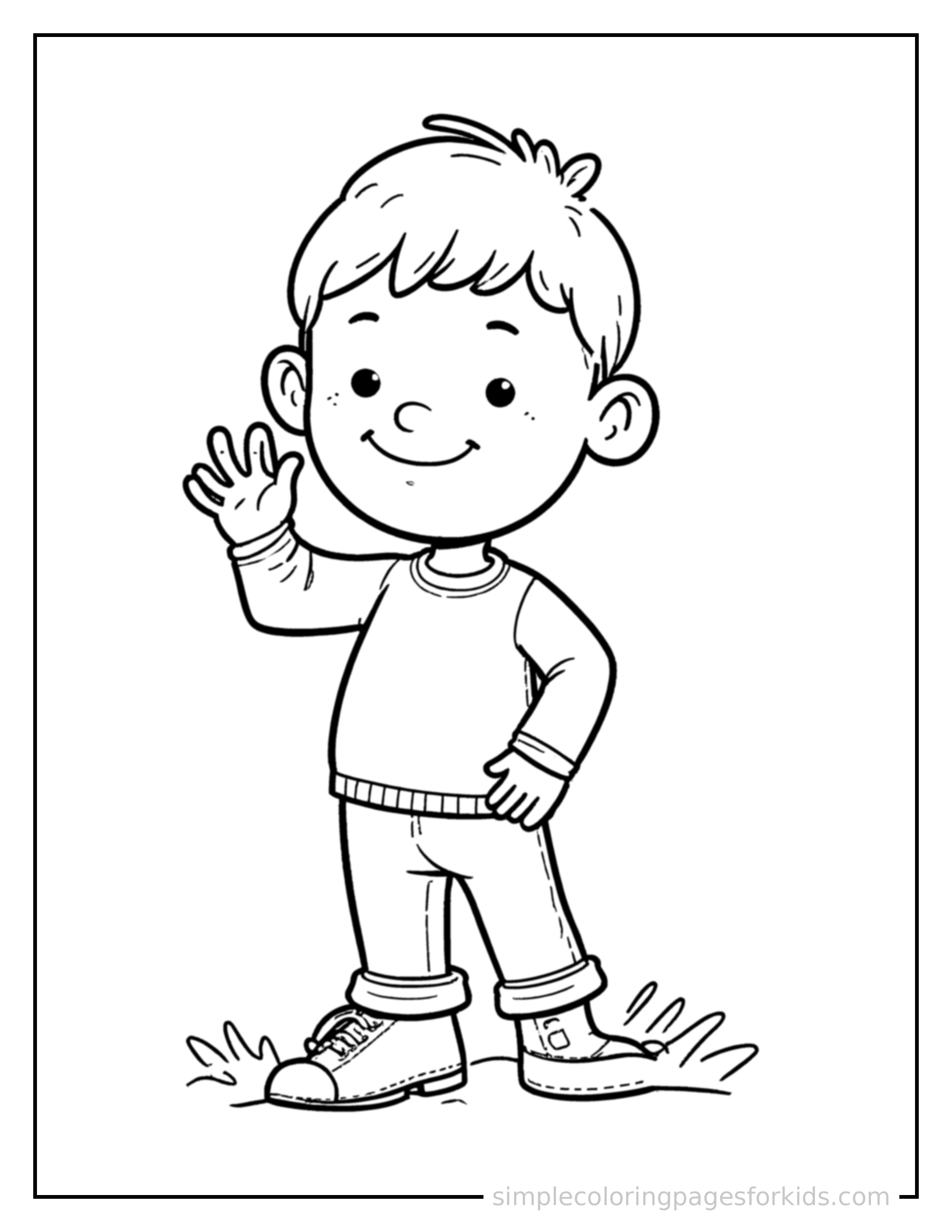 Free printable kid playing hide and seek coloring page featuring a cute kid playing hide and seek standing tall with a big cheerful grin, one hand raised in a wave, head tilted slightly.