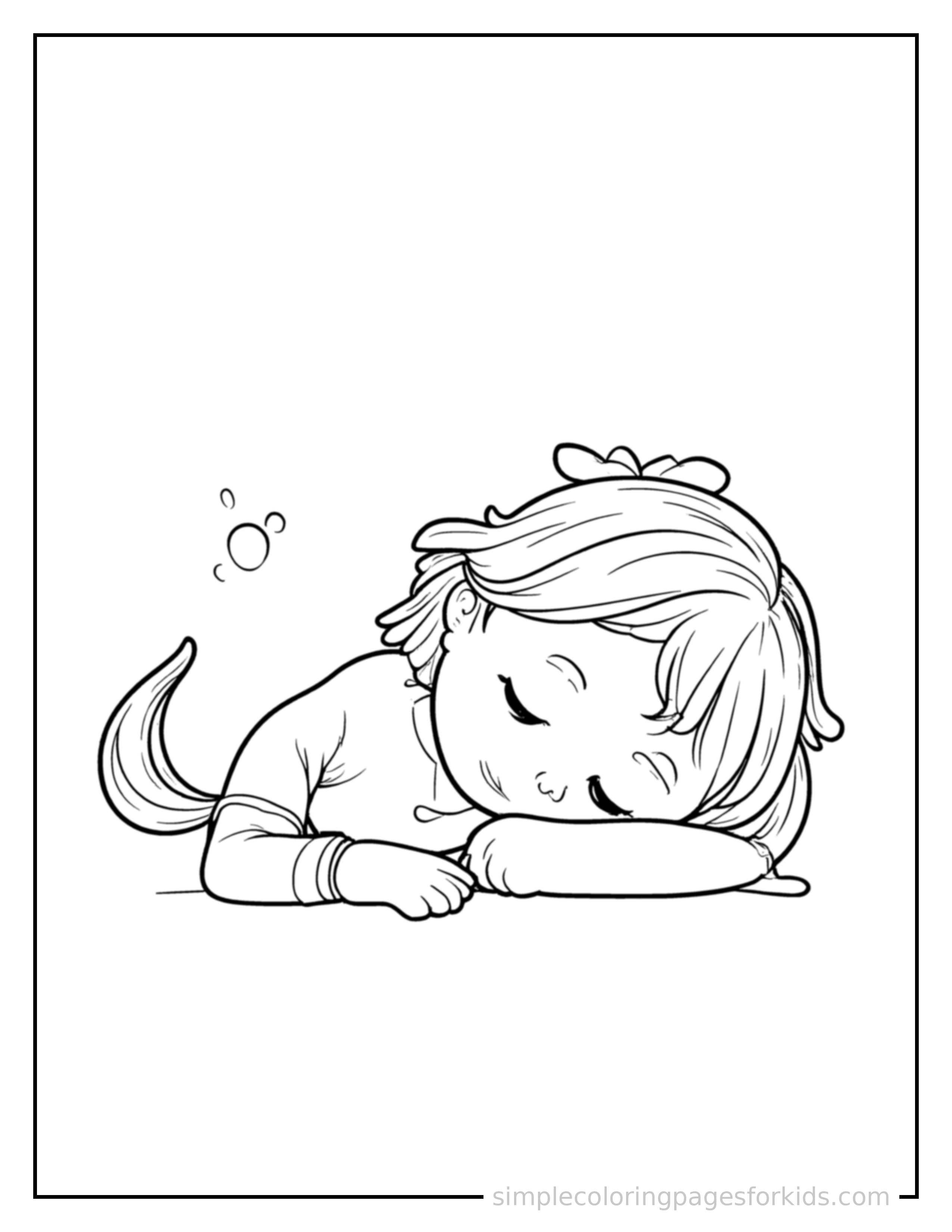 Free printable kid playing hide and seek coloring page featuring a cute kid playing hide and seek curled up fast asleep, peaceful smile, one eye scrunched shut, hands tucked under the chin.