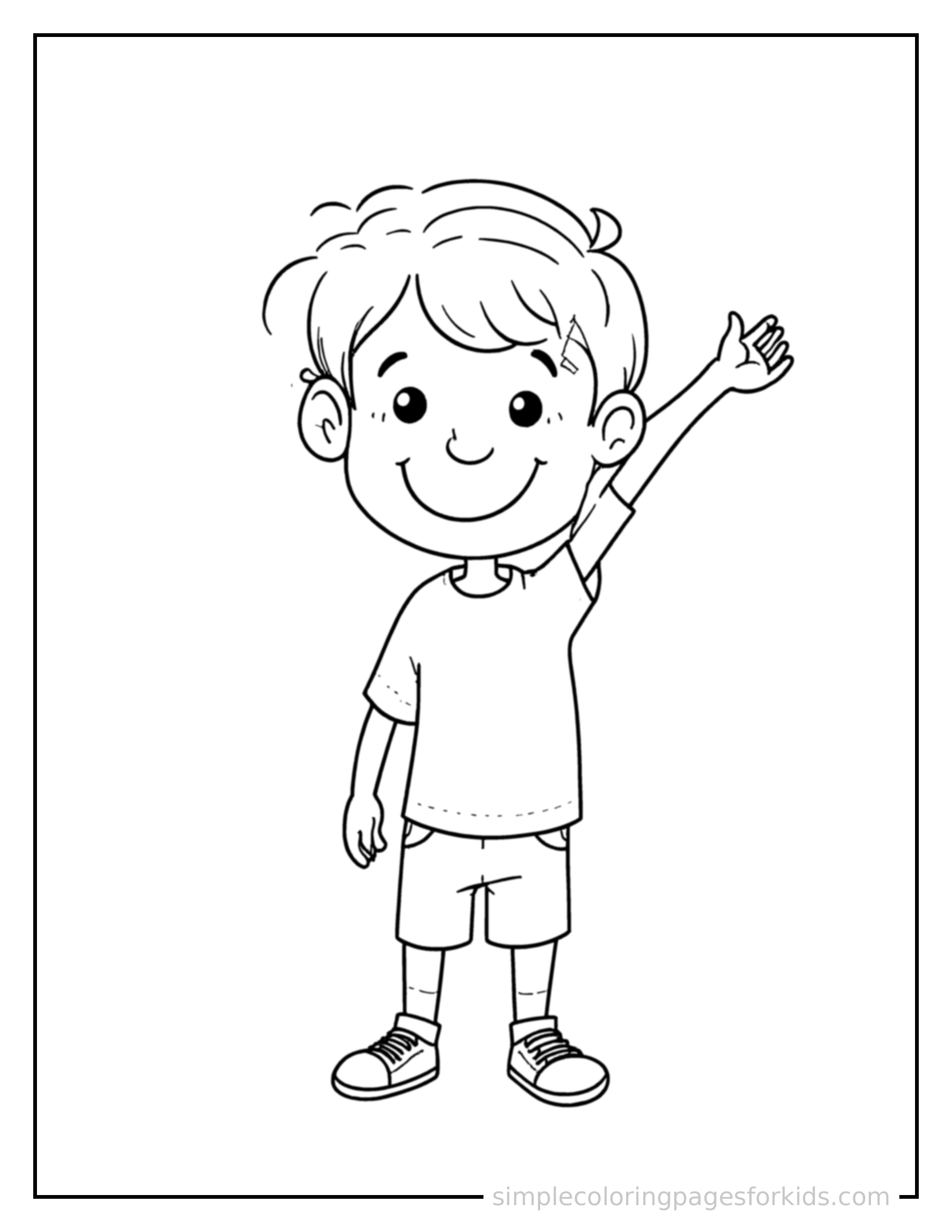 Free printable kid playing a board game coloring page featuring a cute kid playing a board game standing tall with a big cheerful grin, one hand raised in a wave, head tilted slightly.