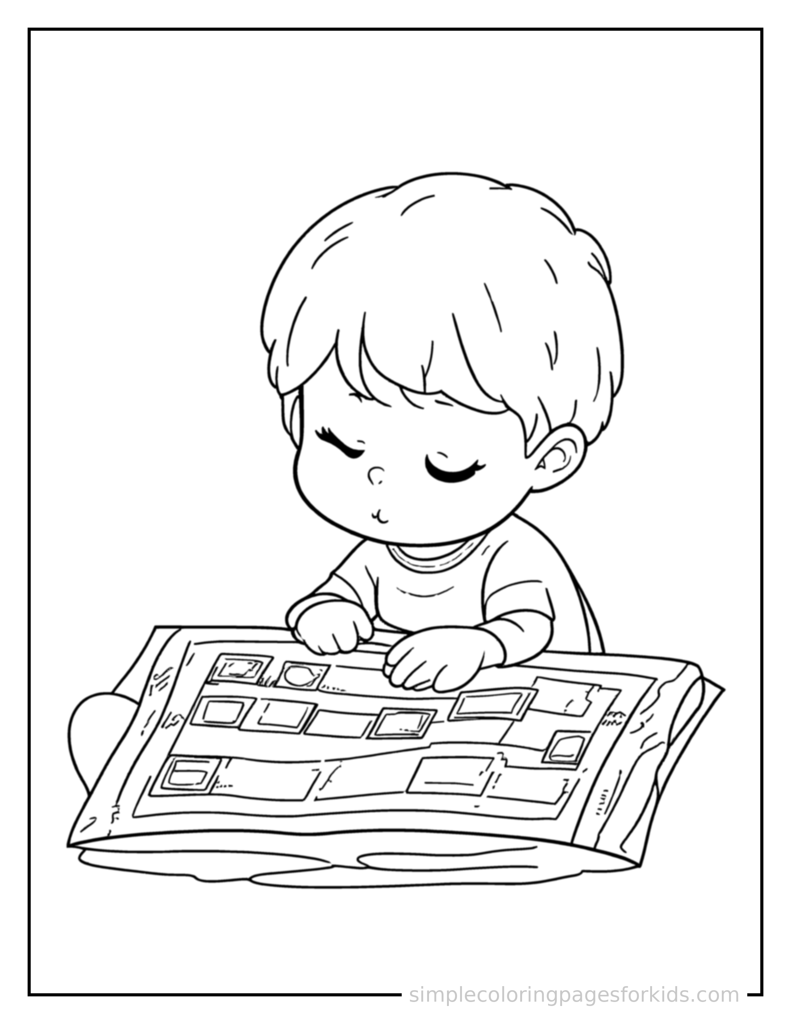 Free printable kid playing a board game coloring page featuring a cute kid playing a board game curled up fast asleep, peaceful smile, one eye scrunched shut, hands tucked under the chin.