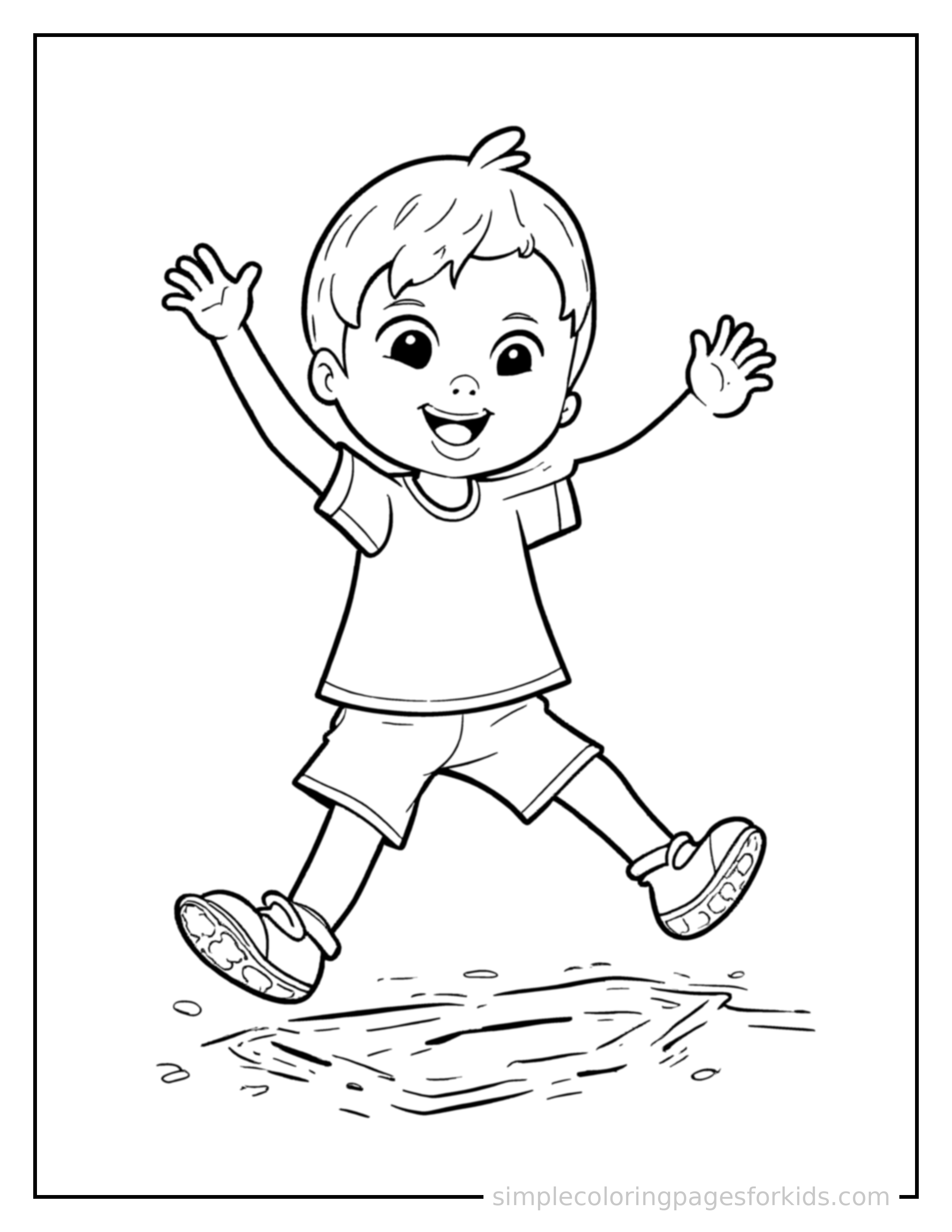 Free printable kid playing a board game coloring page featuring a cute kid playing a board game mid-jump with arms and legs stretched out playfully, mouth open with excitement.