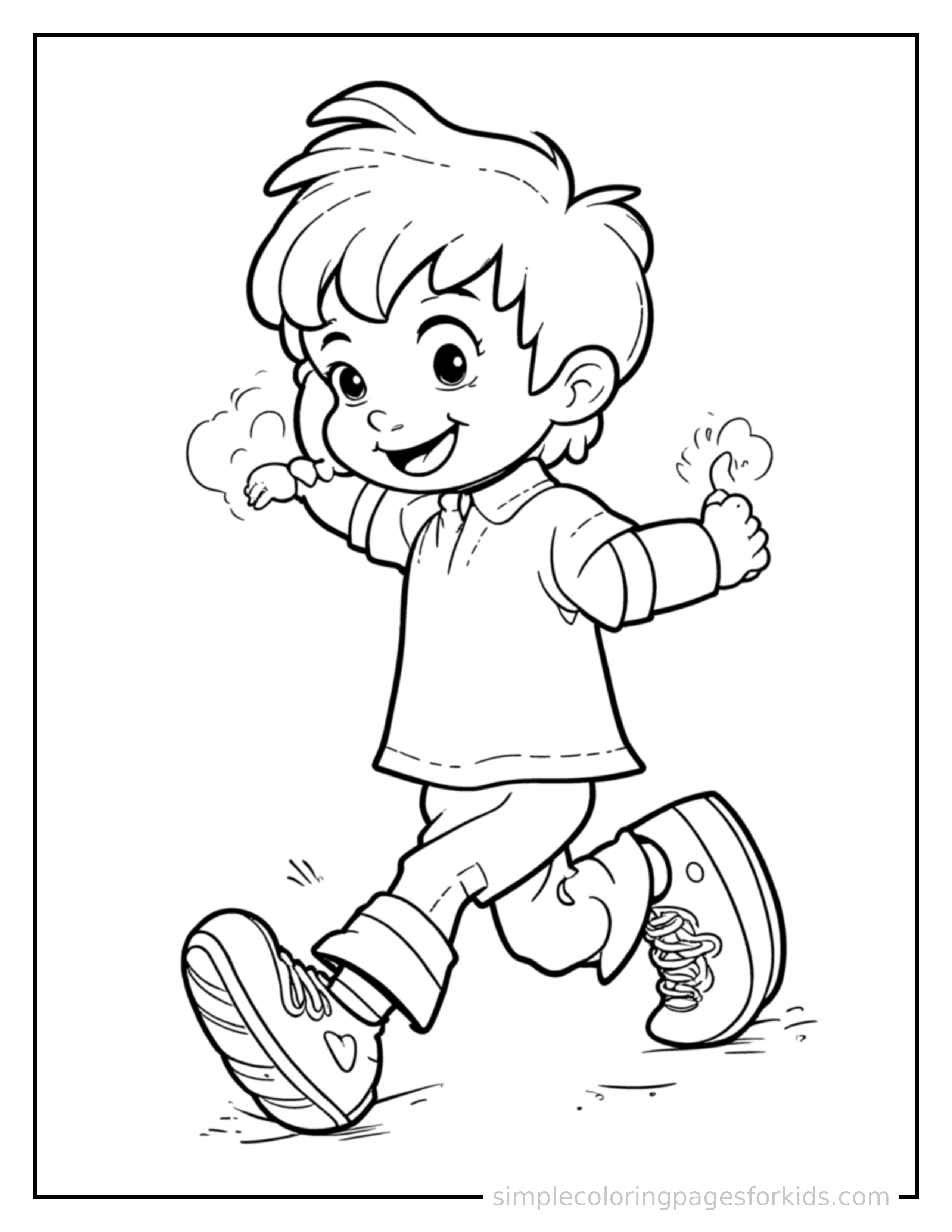 Free printable kid playing a board game coloring page featuring a cute kid playing a board game running forward at full speed, arms pumping, big happy grin.