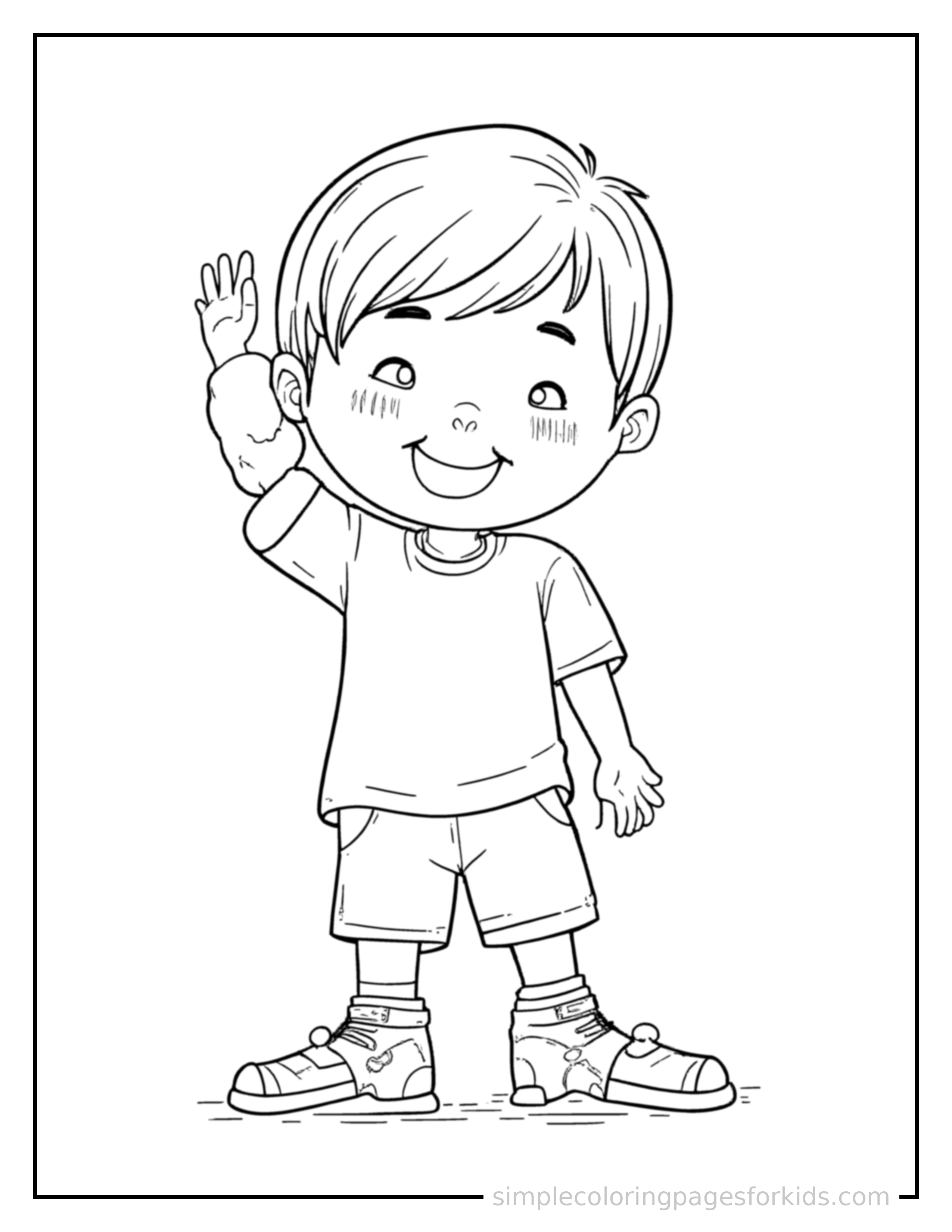 Free printable kid solving a jigsaw puzzle coloring page featuring a cute kid solving a jigsaw puzzle standing tall with a big cheerful grin, one hand raised in a wave, head tilted slightly.