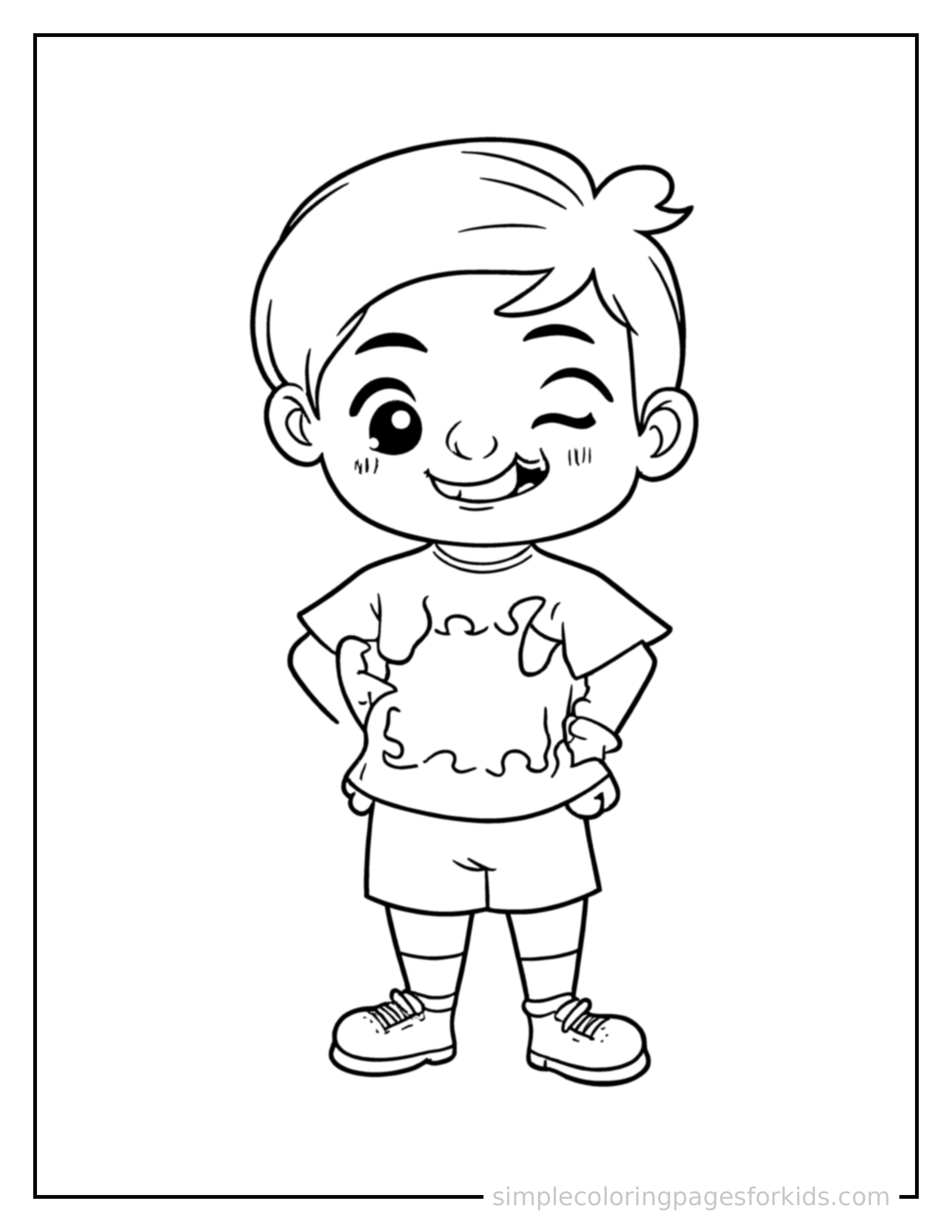 Free printable kid solving a jigsaw puzzle coloring page featuring a cute kid solving a jigsaw puzzle standing proudly with hands on hips, chest out, big sparkling happy eyes and open smile.