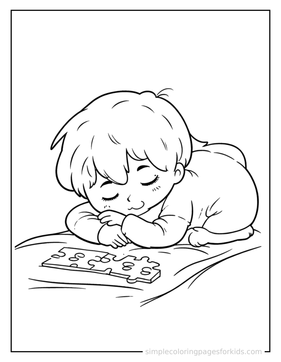 Sleepy Kid Solving A Jigsaw Puzzle Coloring Page