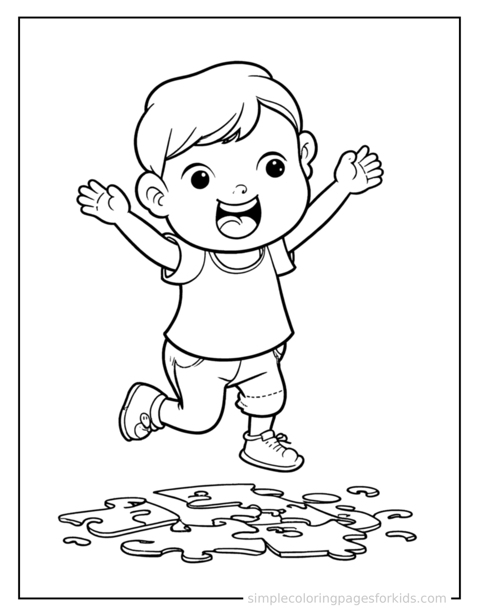 Jumping Kid Solving A Jigsaw Puzzle Coloring Page