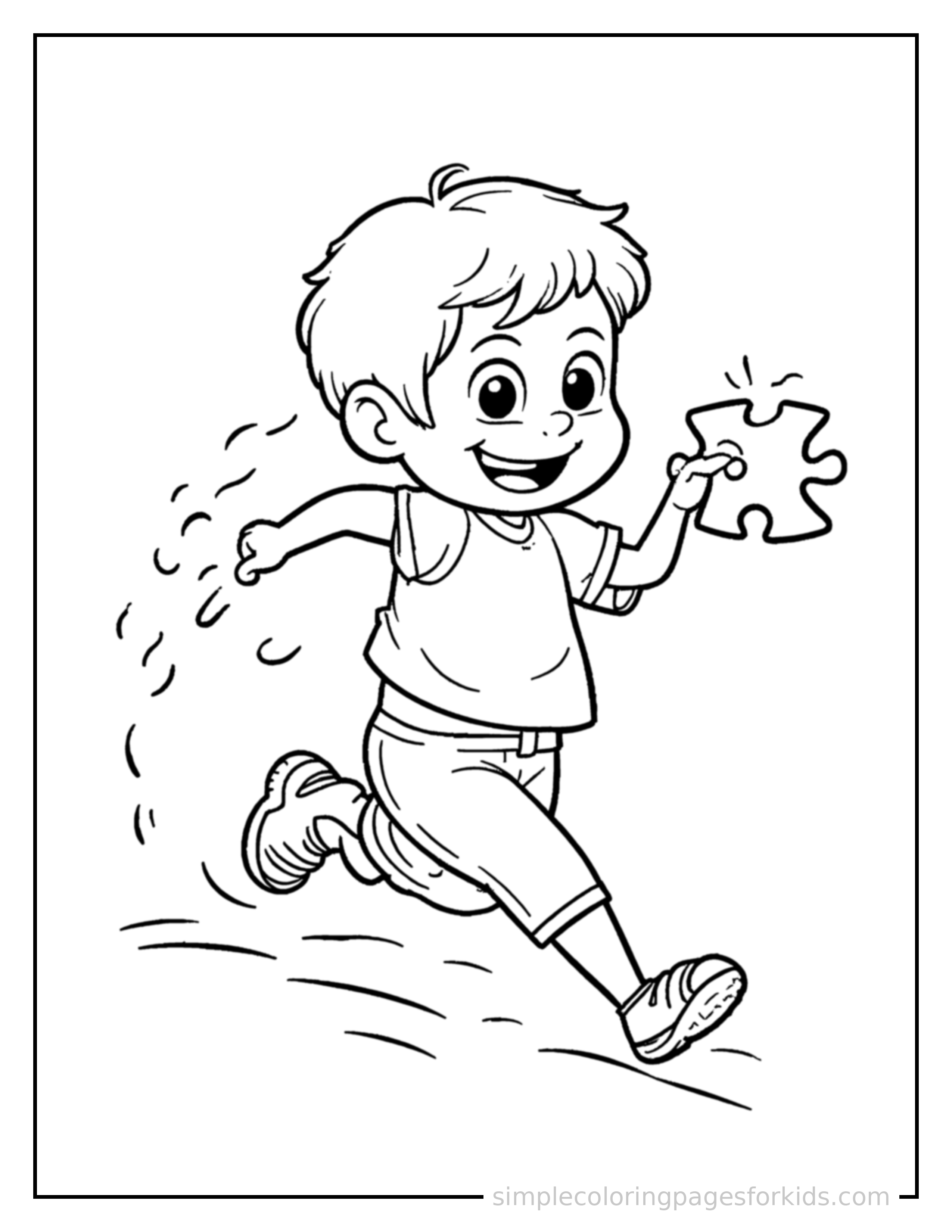 Free printable kid solving a jigsaw puzzle coloring page featuring a cute kid solving a jigsaw puzzle running forward at full speed, arms pumping, big happy grin.