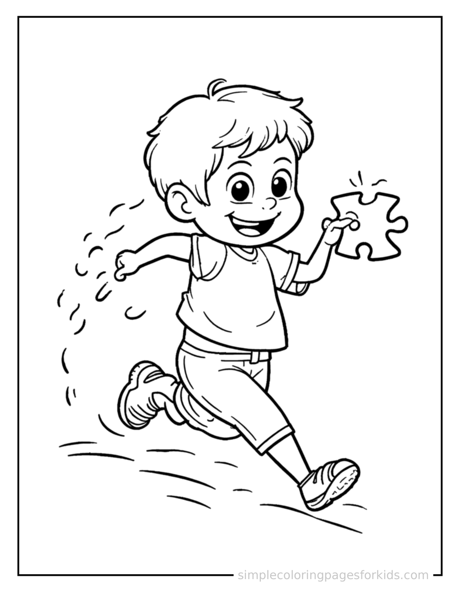 Running Kid Solving A Jigsaw Puzzle Coloring Page